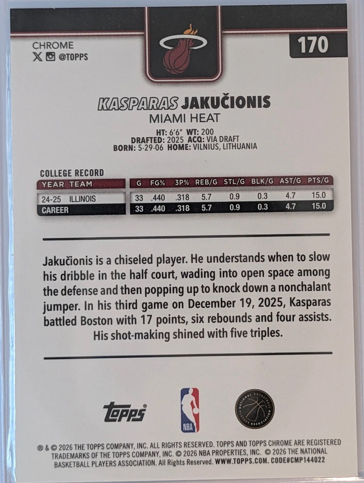 Back of 2025-26 Topps Chrome Update #170 Kasparas Jakučionis RC