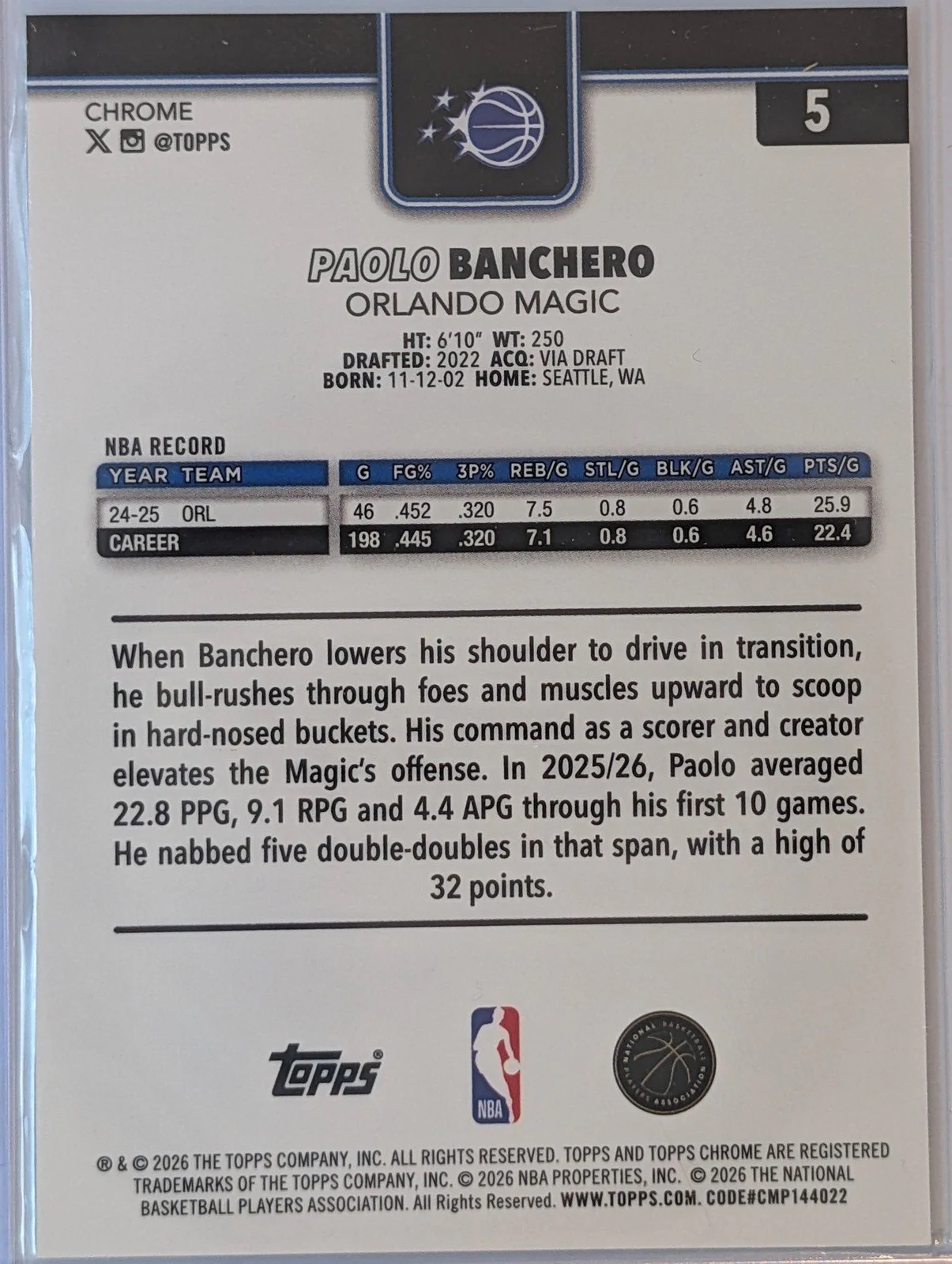 Back of 2025-26 Topps Chrome Update #5 Paolo Banchero Prism Refractor