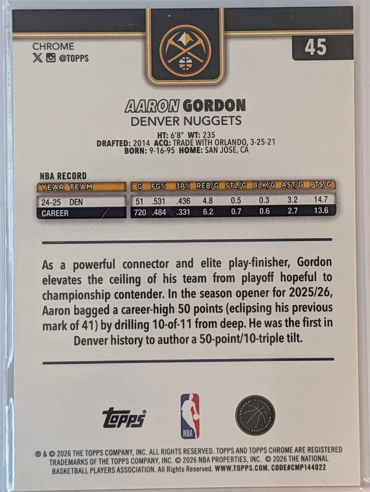 Back of 2025-26 Topps Chrome Update /99 #45 Aaron Gordon Green Refractor