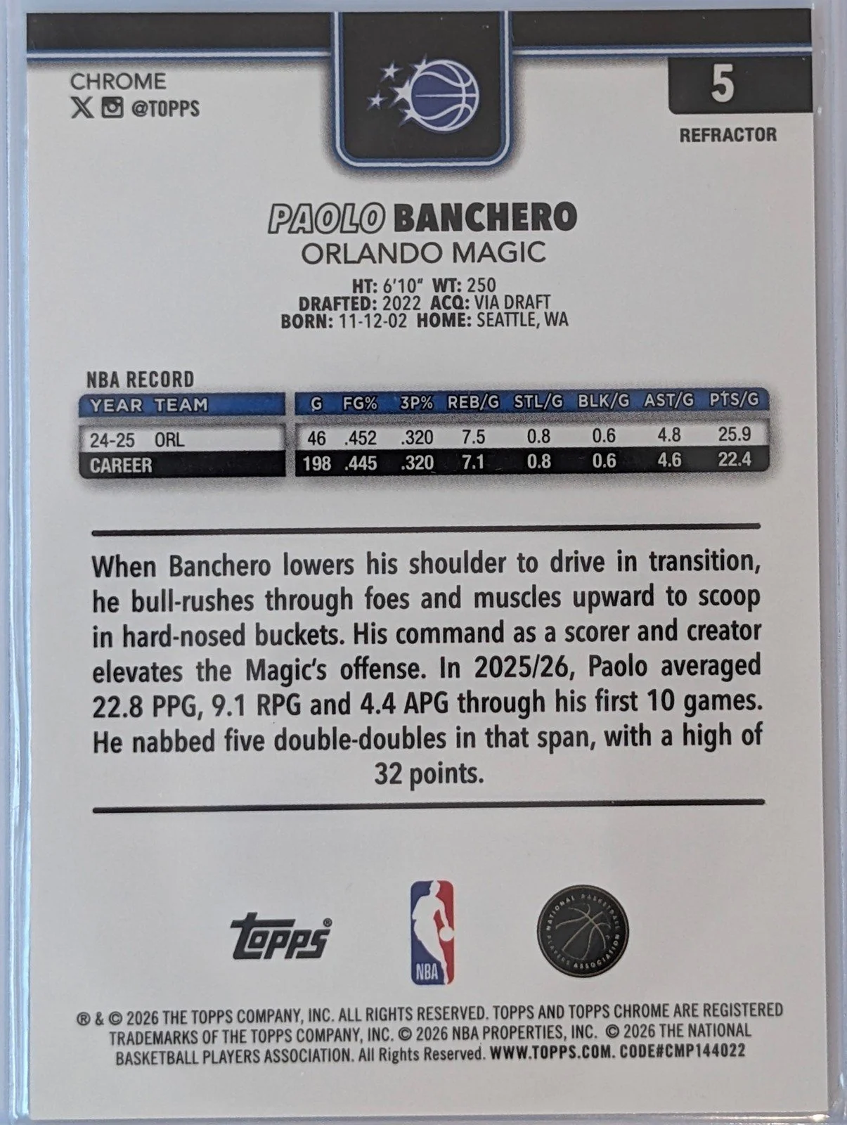 Back of 2025-26 Topps Chrome Update #5 Paolo Banchero Refractor