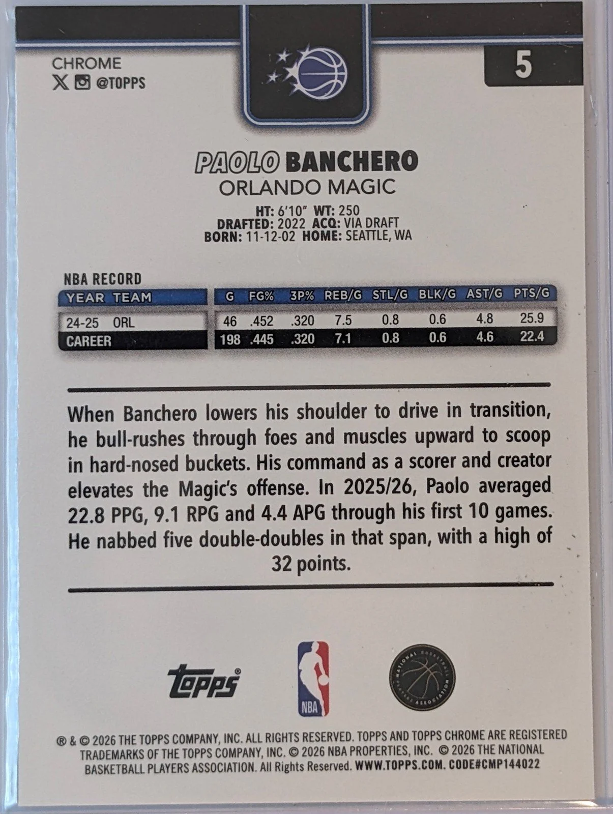 Back of 2025-26 Topps Chrome Update #5 Paolo Banchero Negative Refractor