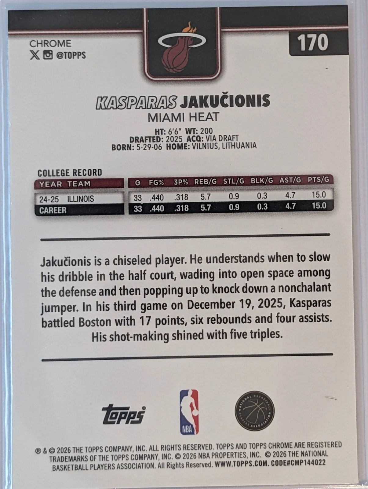 Back of 2025-26 Topps Chrome Update #170 Kasparas Jakučionis Prism Refractor