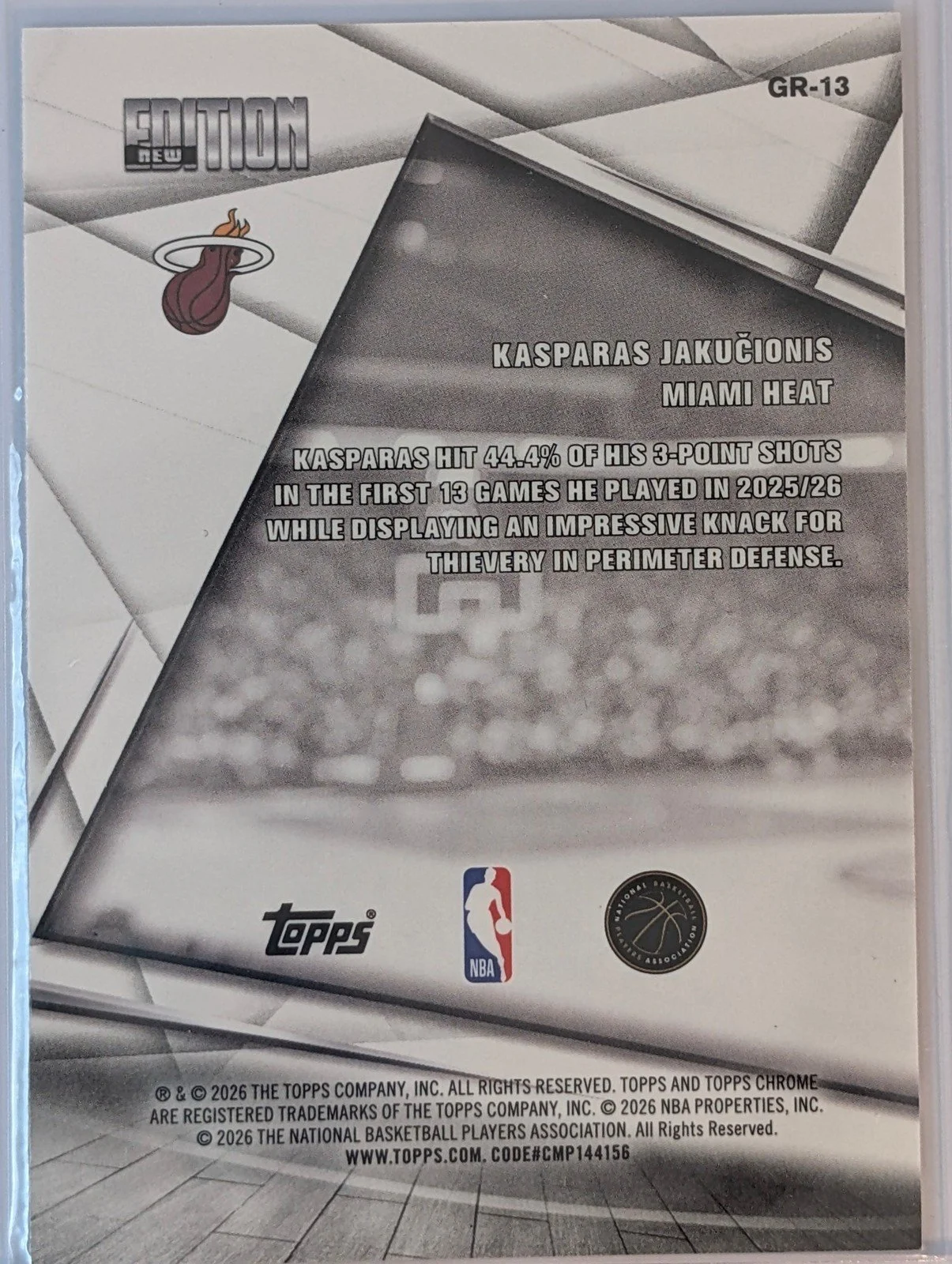 Back of 2025-26 Topps Chrome Update #GR-13 Kasparas Jakučionis New Editions