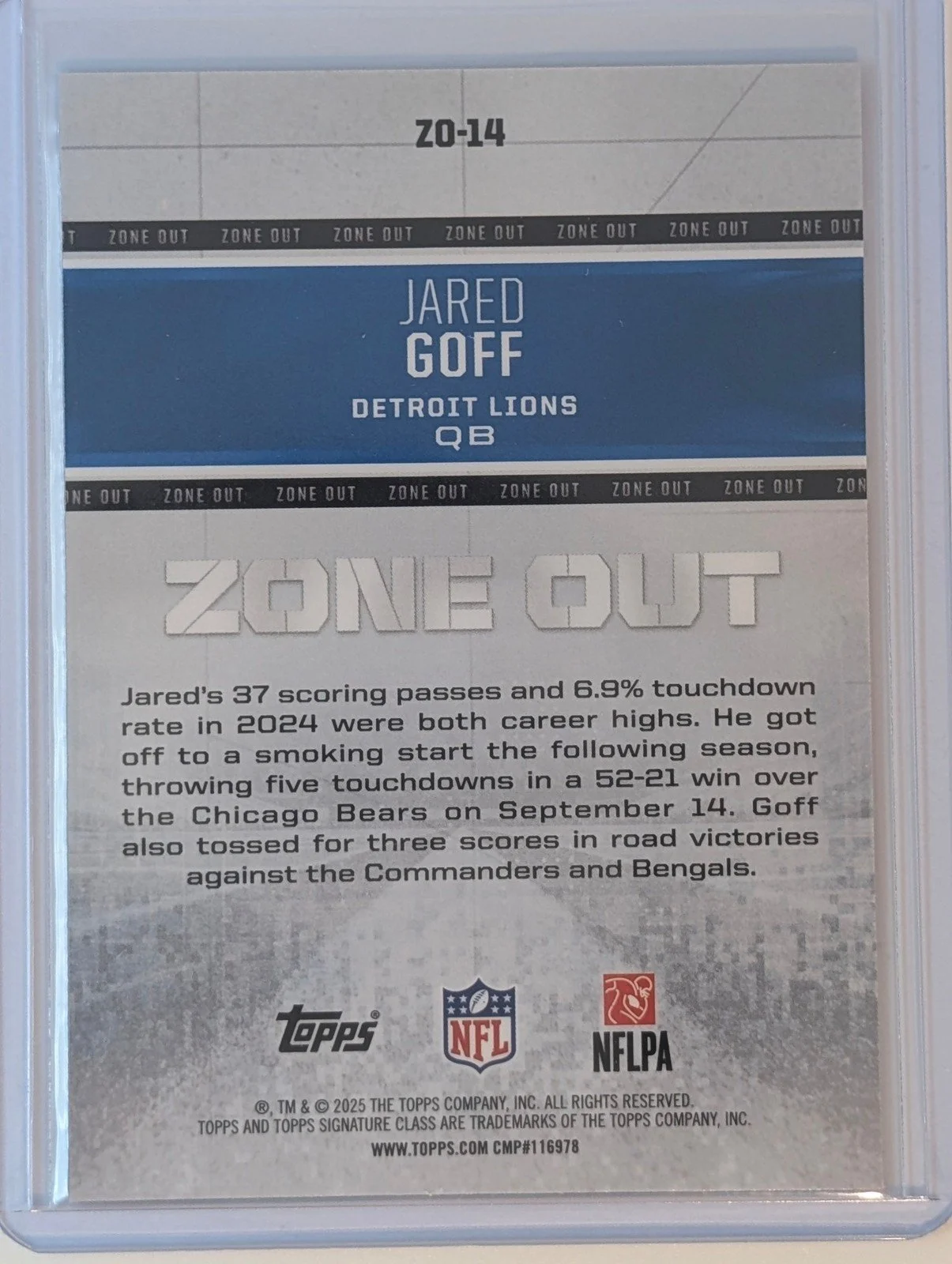 Back of 2025 Topps Signature Class #ZO-14 Jared Goff Zone Out