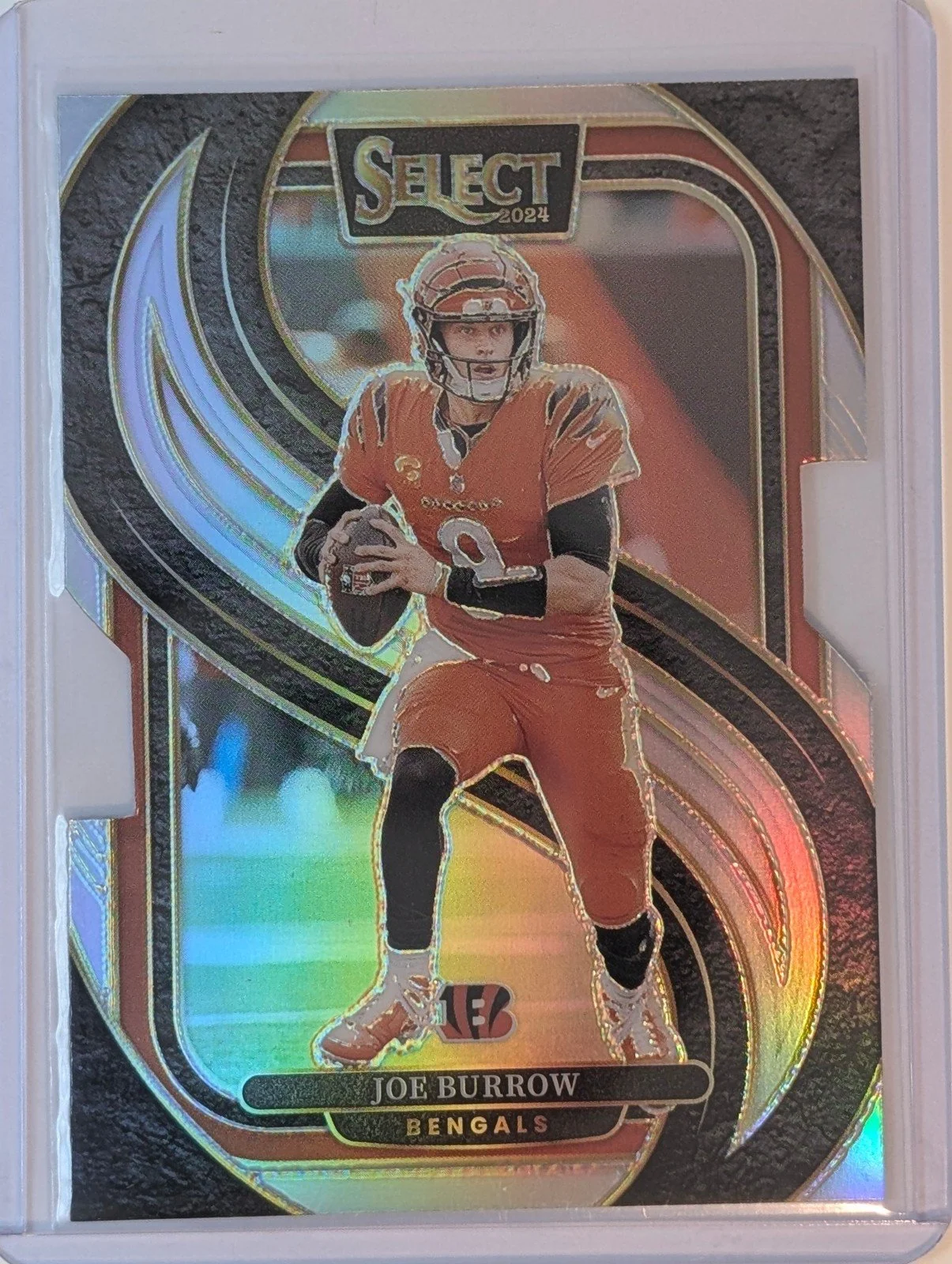 Front of 2024 Panini Select #127 Joe Burrow Silver Prizm Die Cut