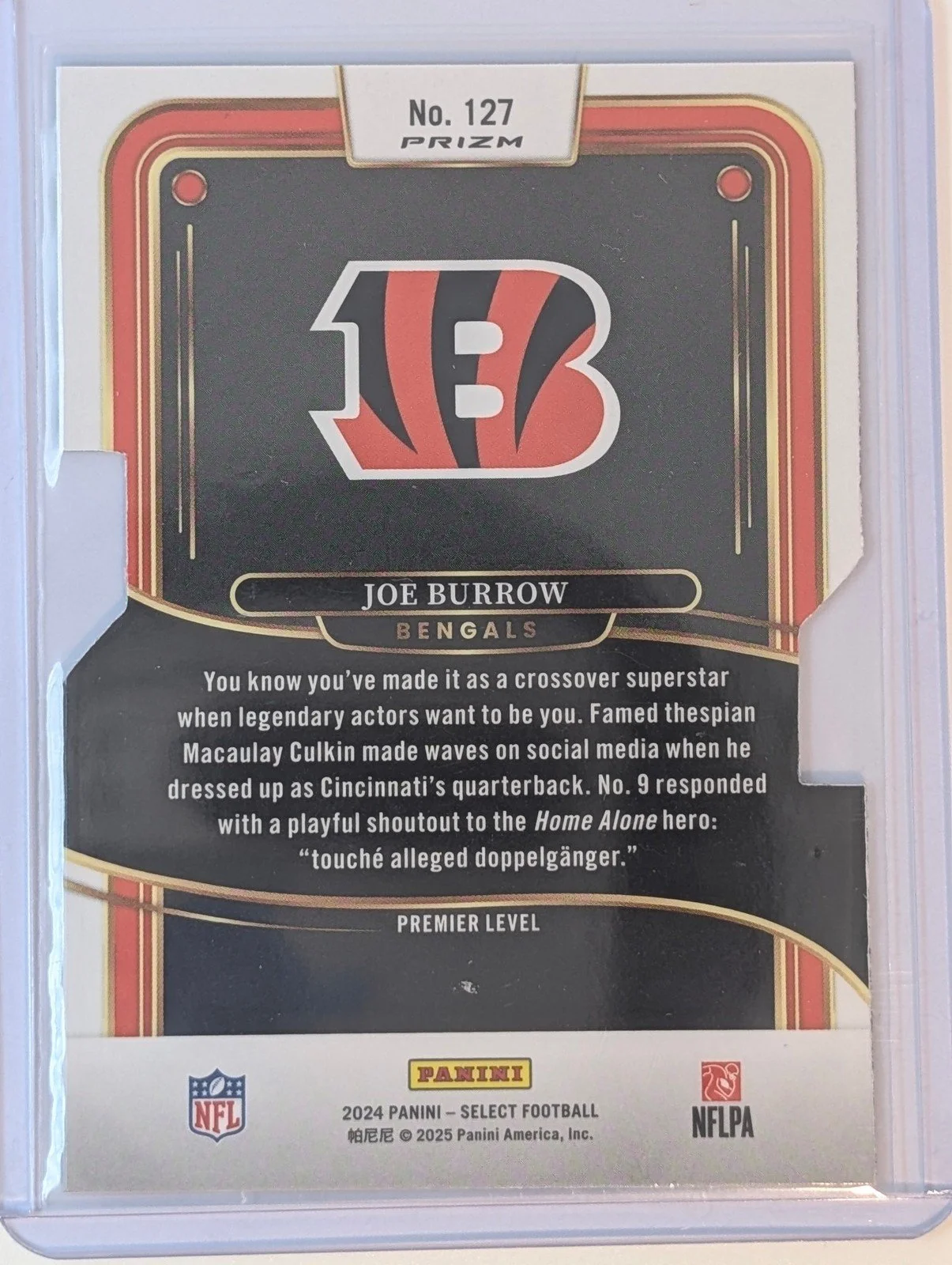 Back of 2024 Panini Select #127 Joe Burrow Silver Prizm Die Cut