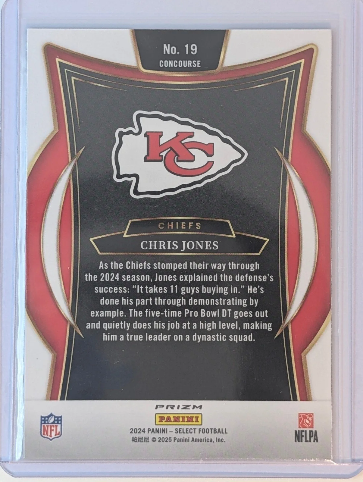 Back of 2024 Panini Select #19 Chris Jones Black & Gold Prizm Shock