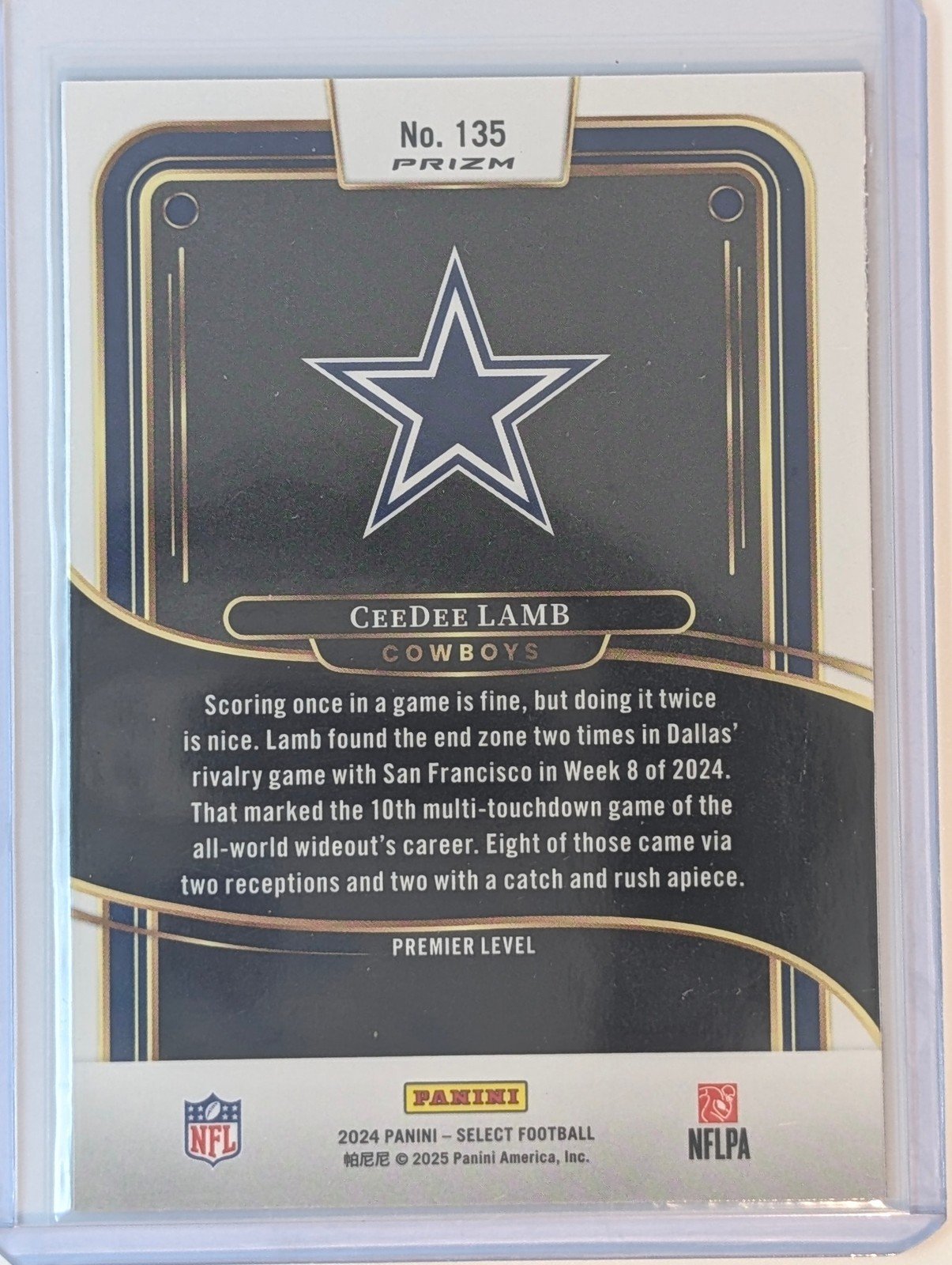 Back of 2024 Panini Select #135 CeeDee Lamb Black & Red Prizm Shock