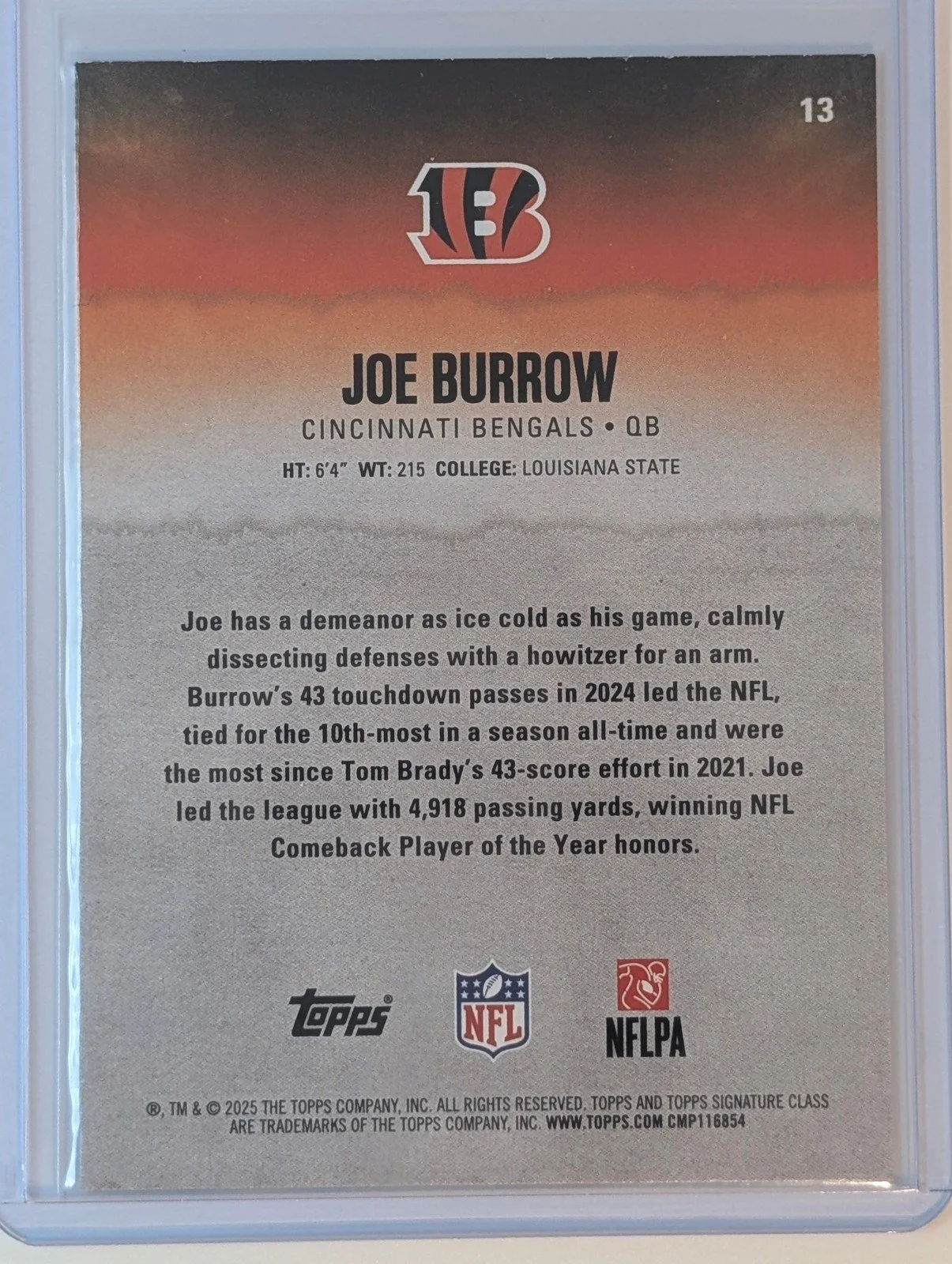 Back of 2025 Topps Signature Class #13 Joe Burrow Blue & Green