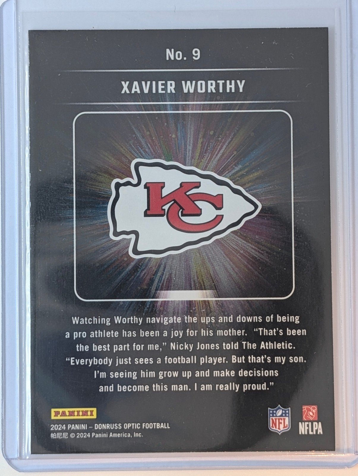 Back of 2024 Donruss Optic #9 Xavier Worthy Light It Up