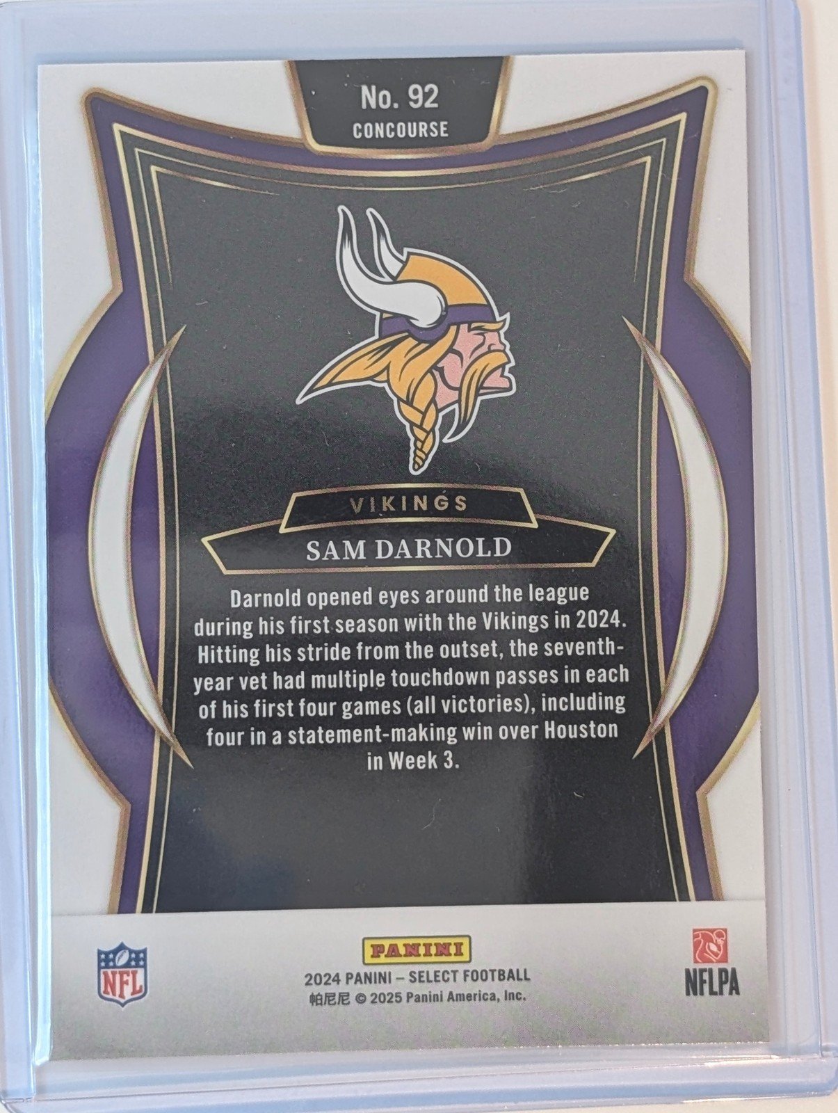 Back of 2024 Panini Select #92 Sam Darnold