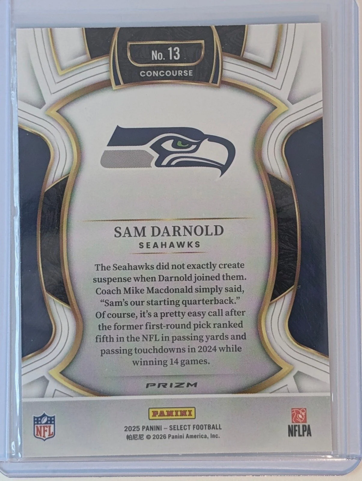 Back of 2025 Panini Select #13 Sam Darnold Pink Prizm Shock