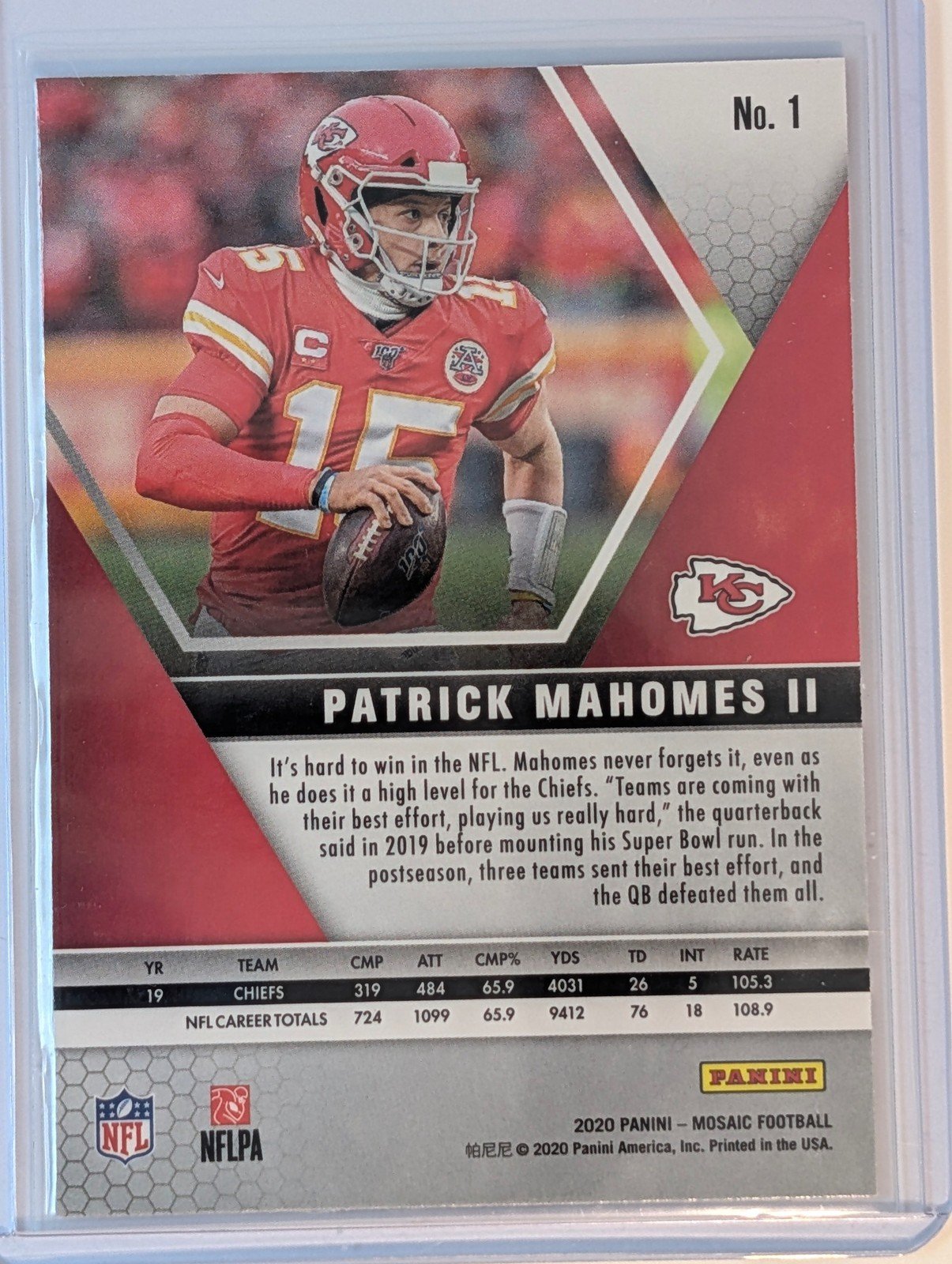 Back of 2020 Panini Mosaic #1 Patrick Mahomes II