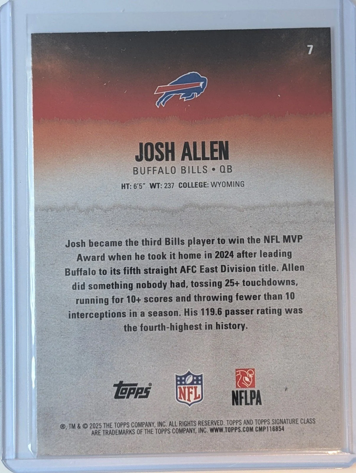 Back of 2025 Topps Signature Class #7 Josh Allen Blue & Yellow