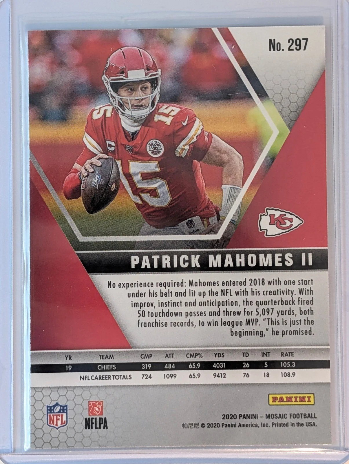 Back of 2020 Panini Mosaic #297 Patrick Mahomes II
