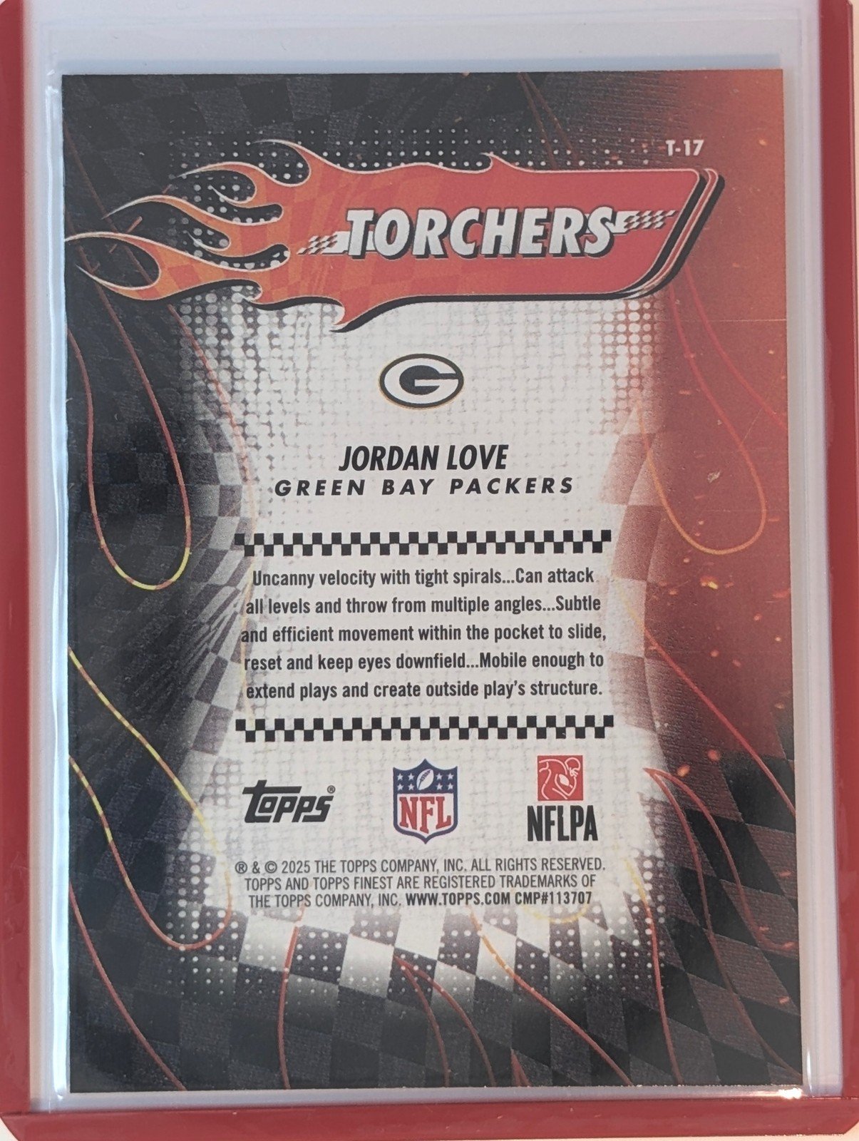 Back of 2025 Finest #T-17 Jordan Love Torchers