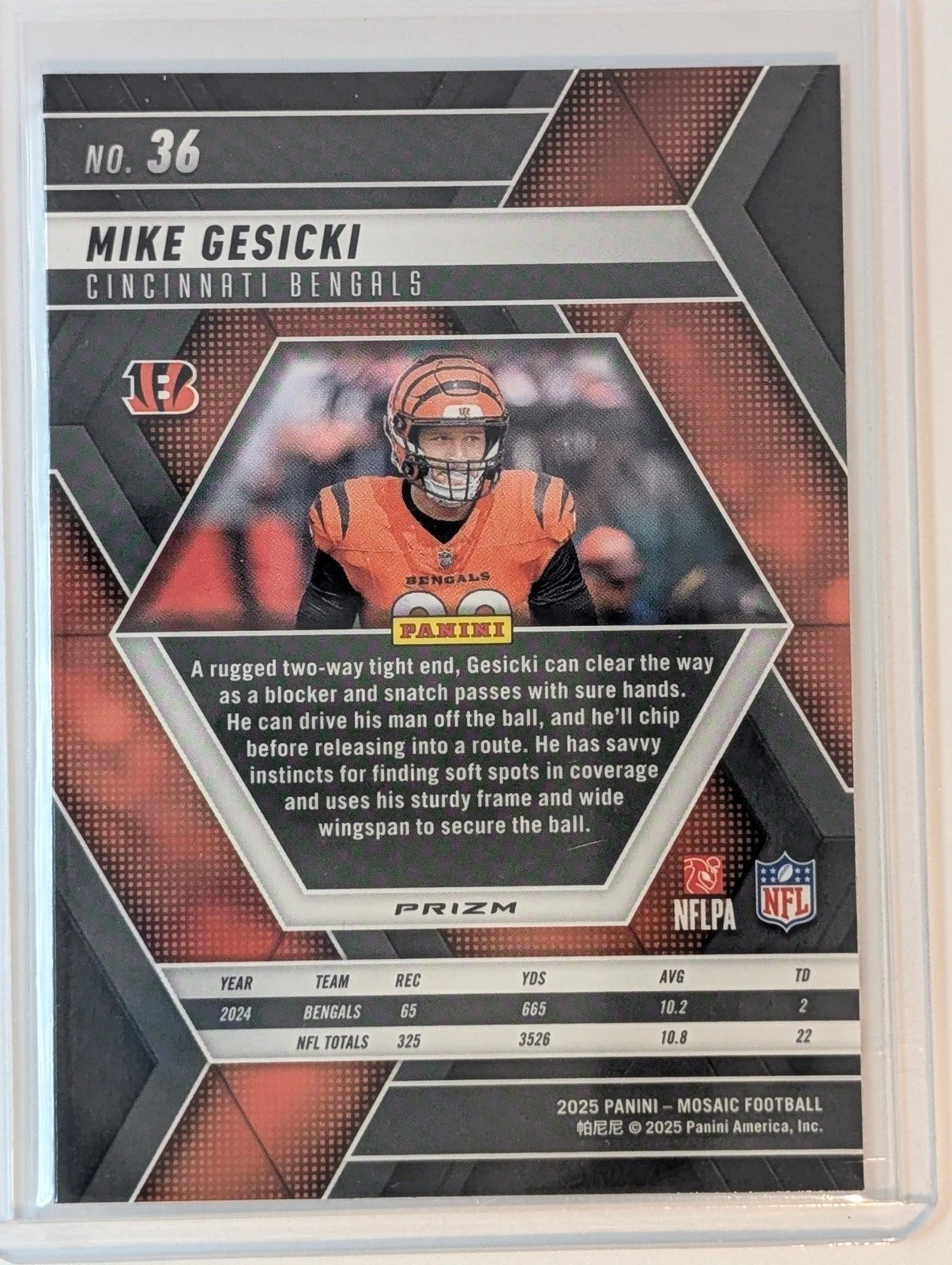 Back of 2025 Panini Mosaic #36 Mike Gesicki Mosaic Geo Prizm