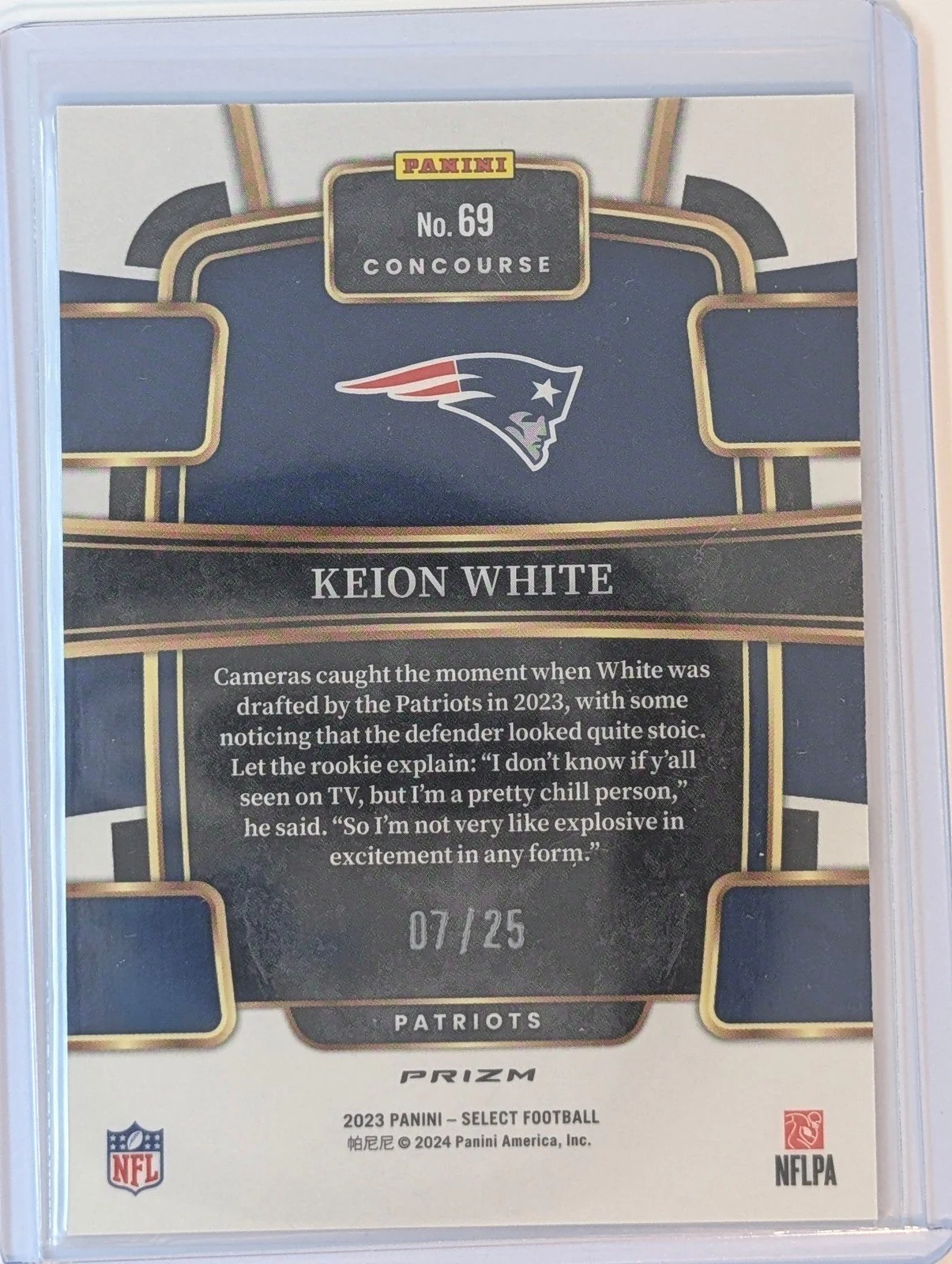 Back of 2023 Panini Select /25 #69 Keion White Blue Disco Prizm Rookie