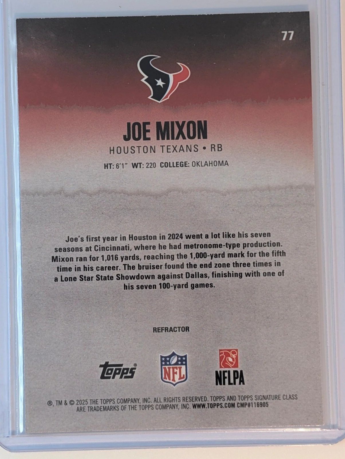 Back of 2025 Topps Signature Class #77 Joe Mixon Chrome Refractor