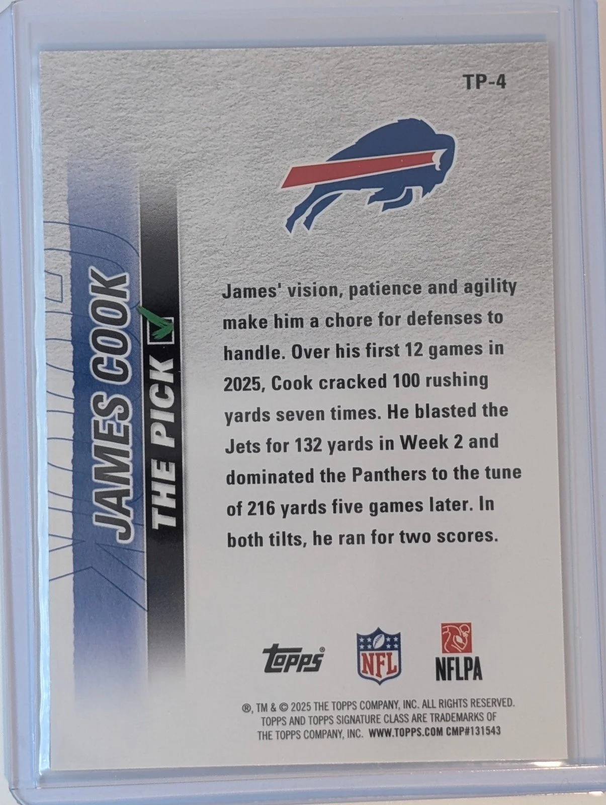 Back of 2025 Topps Signature Class #TP-4 James Cook The Pick