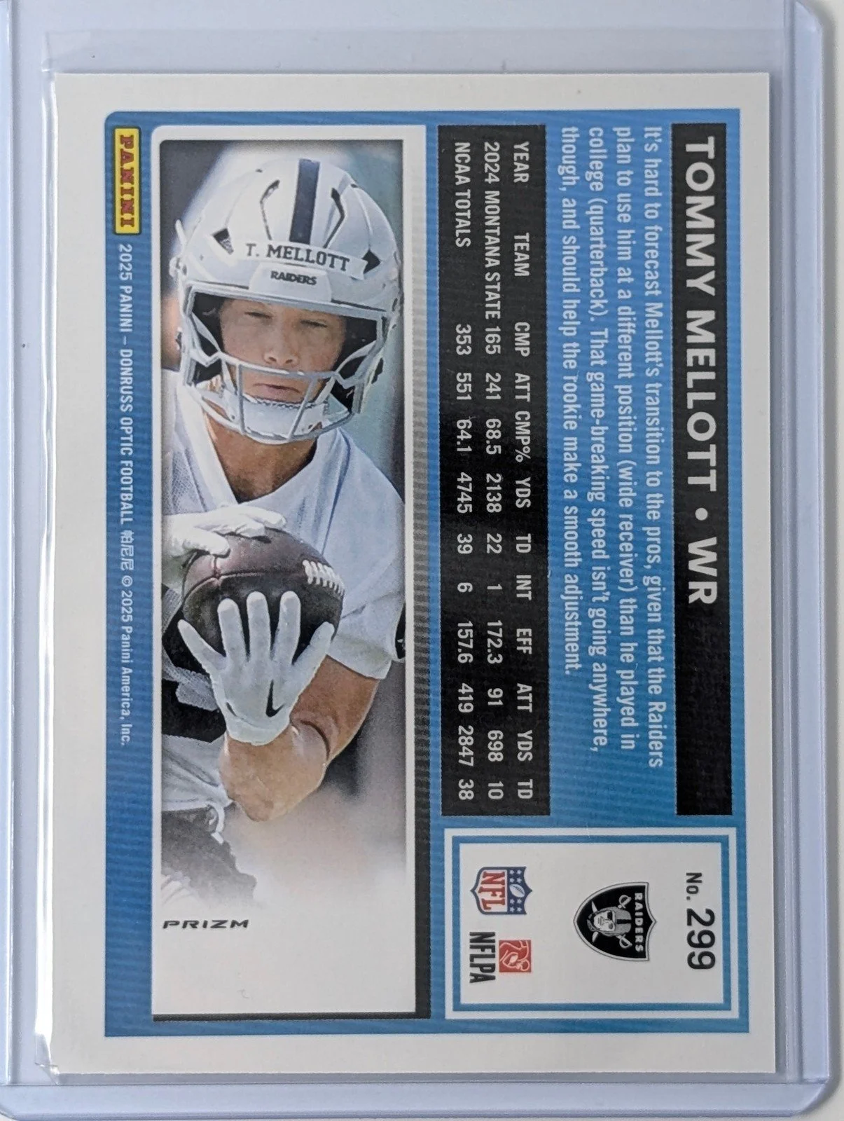 Back of 2025 Donruss Optic #299 Tommy Mellott Blue Hyper RC