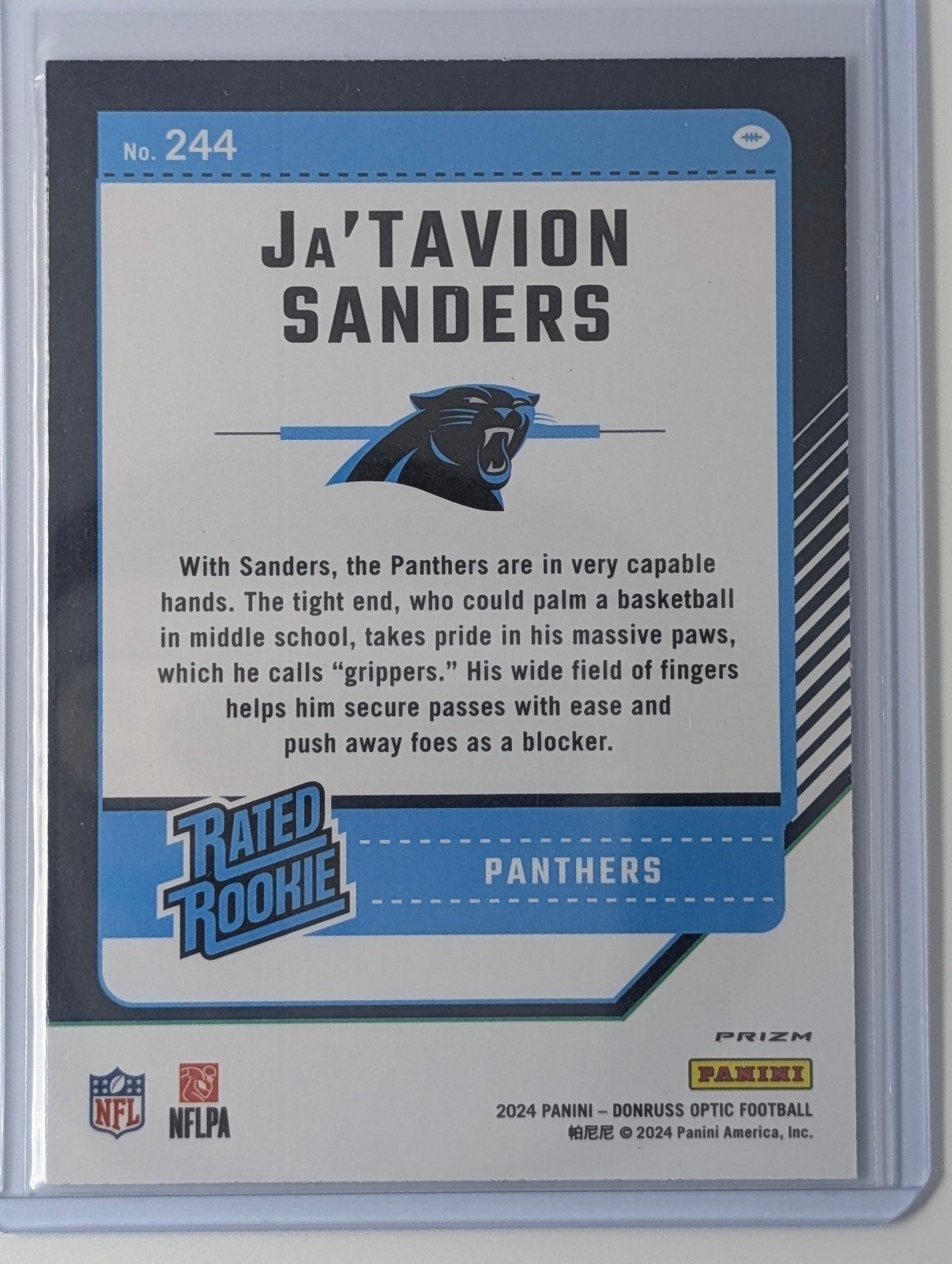 Back of 2024 Donruss Optic #244 Ja'Tavion Sanders Stars