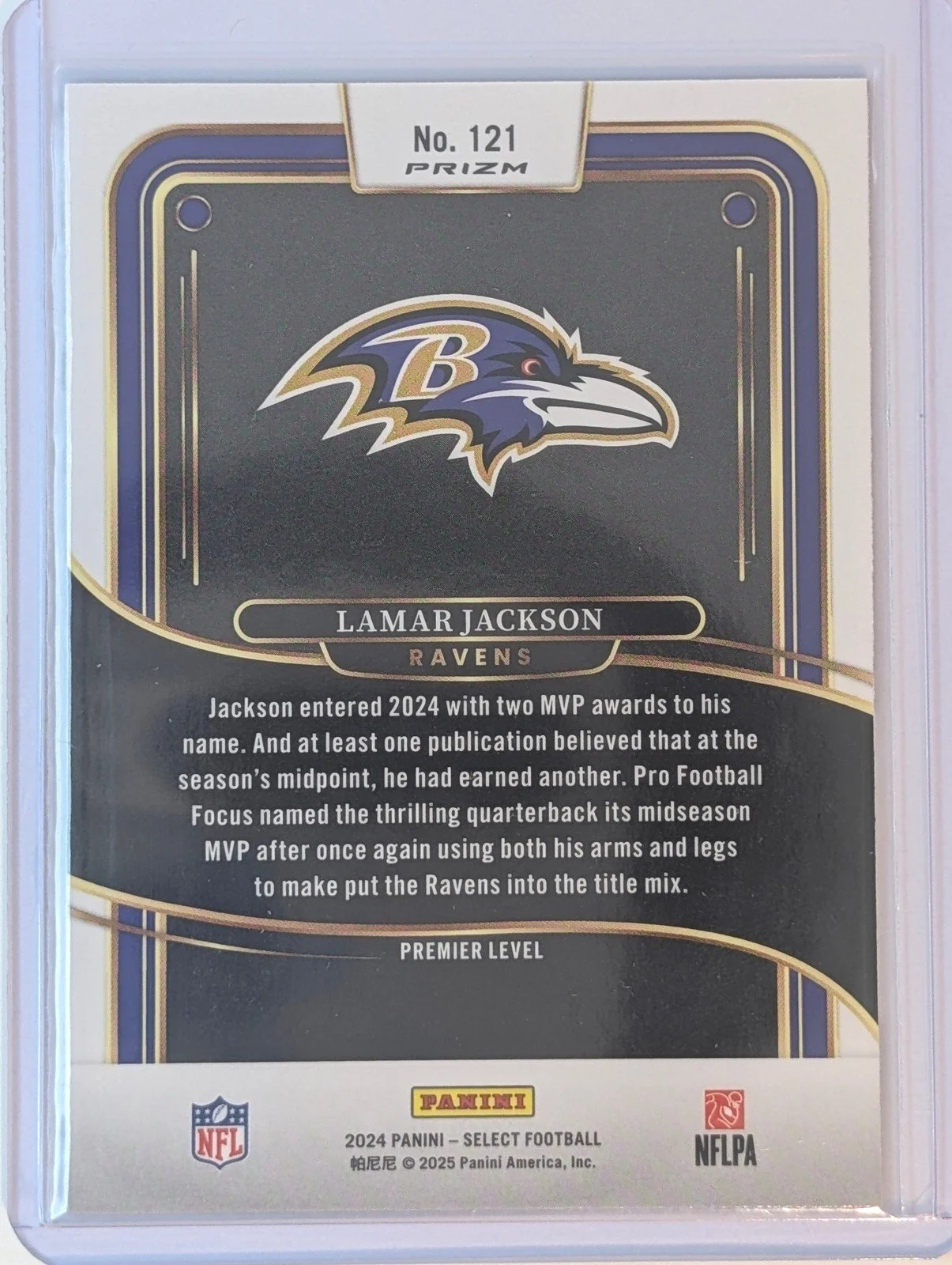 Back of 2024 Panini Select #121 Lamar Jackson Black & Red Prizm Shock