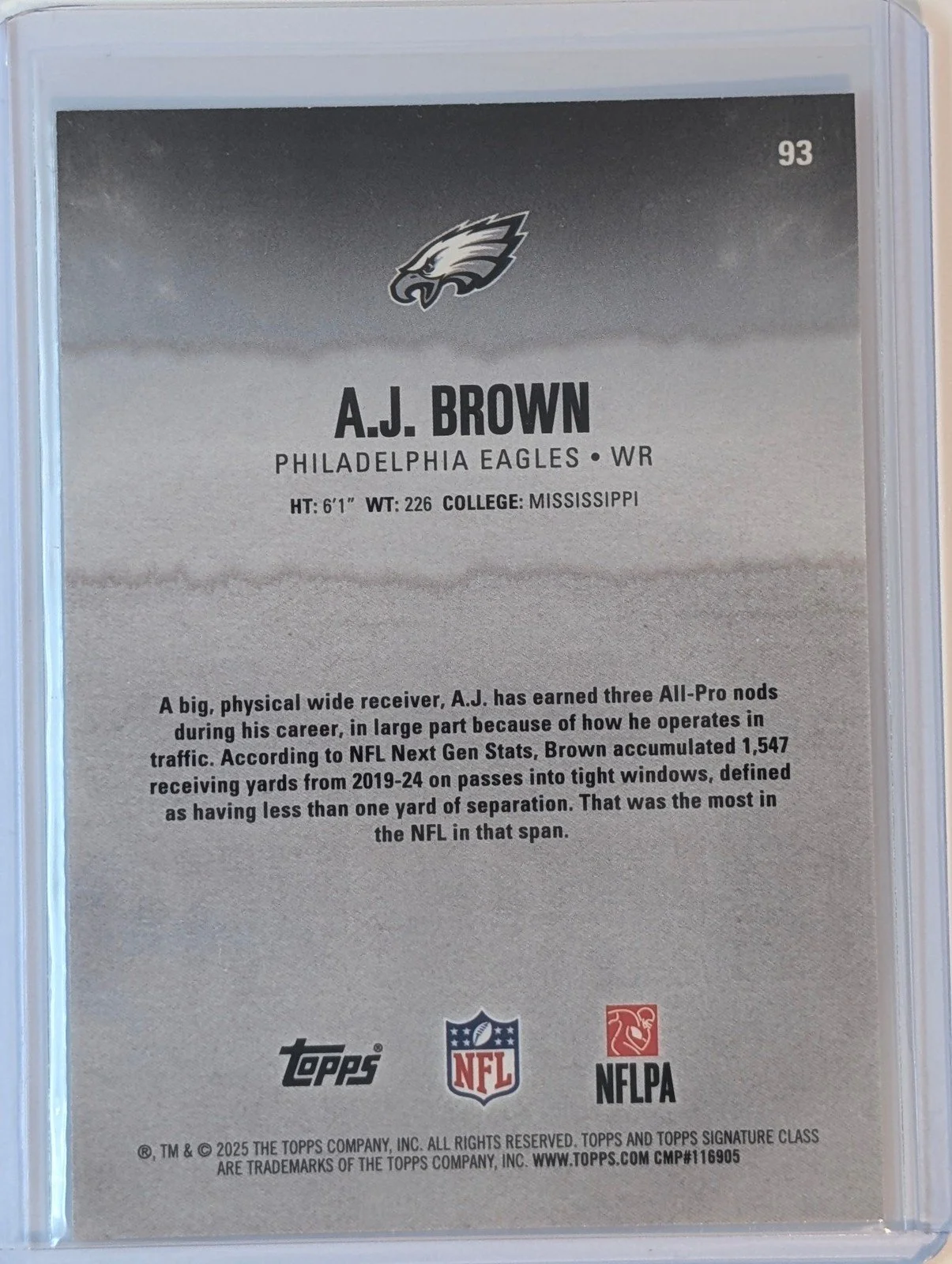 Back of 2025 Topps Signature Class #93 A.J. Brown