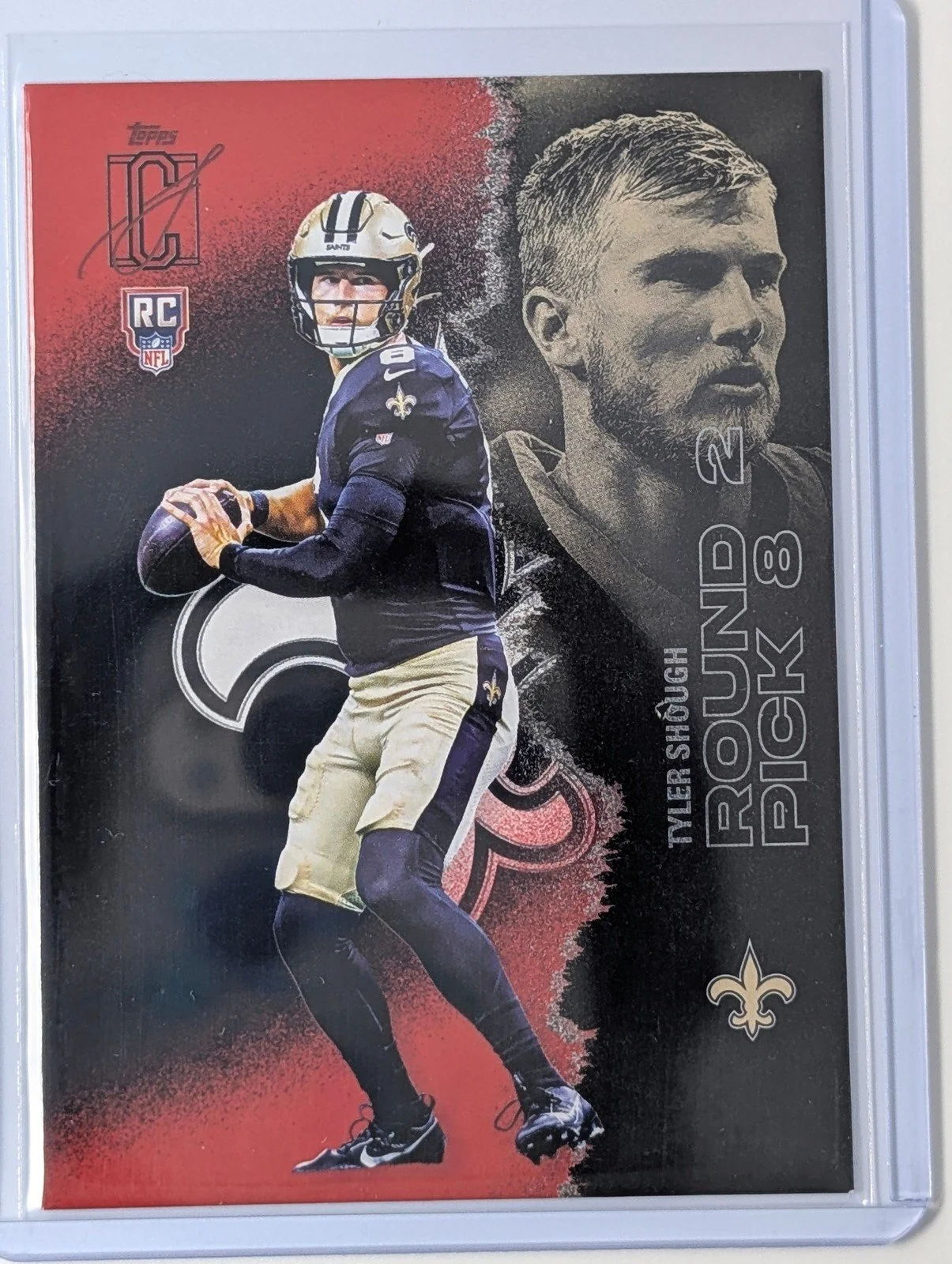 Front of 2025 Topps Signature Class #104 Tyler Shough Red & Black
