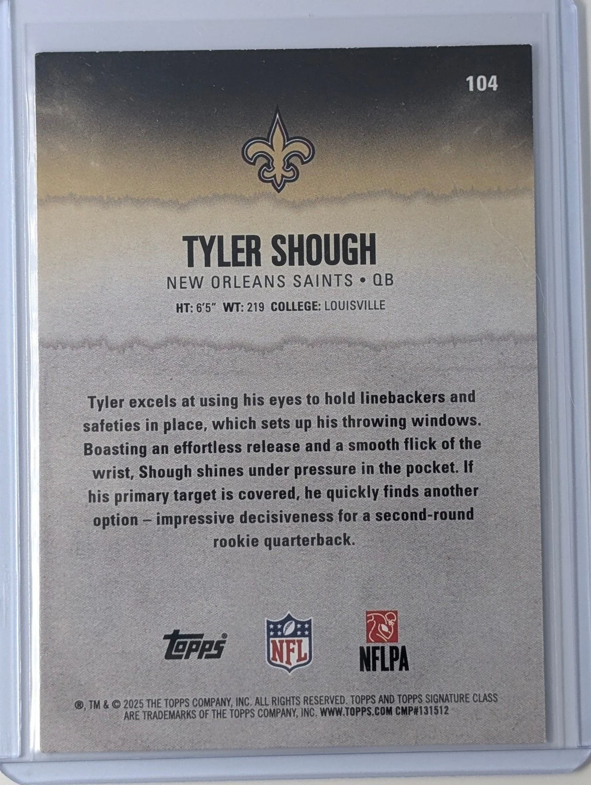 Back of 2025 Topps Signature Class #104 Tyler Shough Red & Black