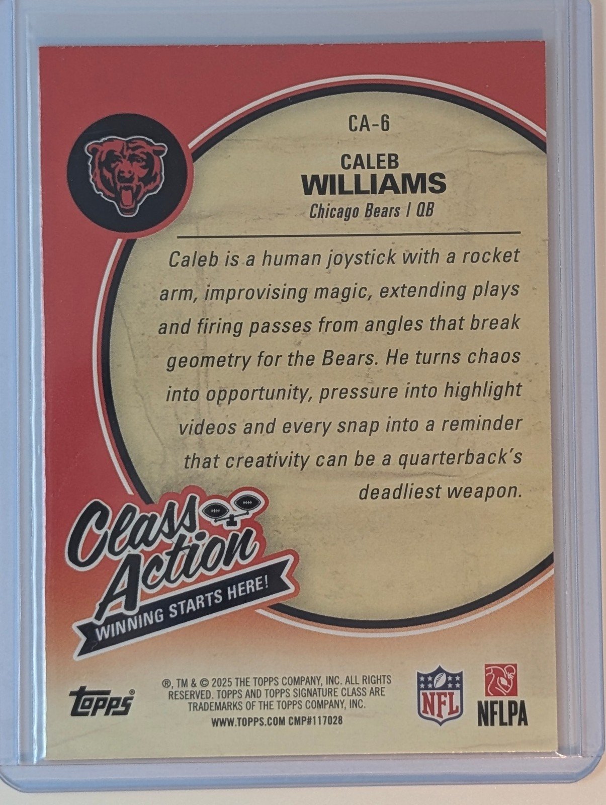 Back of 2025 Topps Signature Class #CA-6 Caleb Williams Class Action