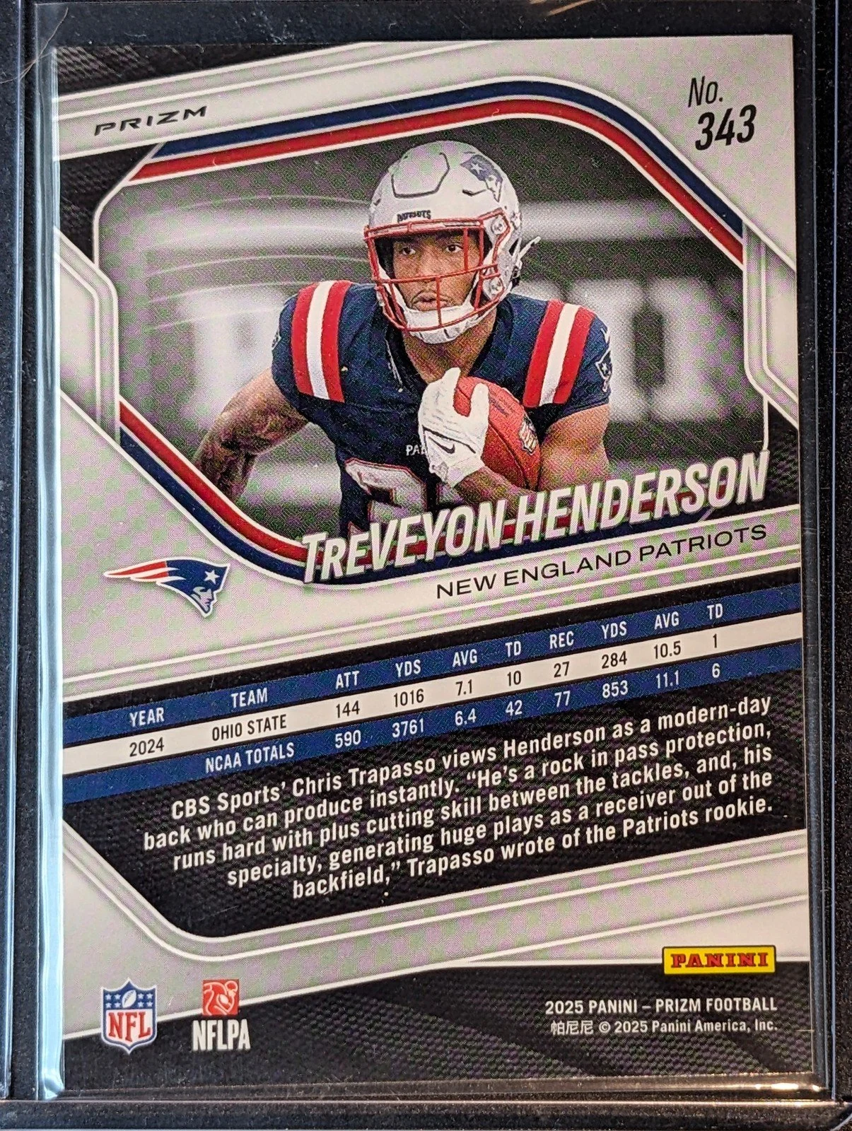 Back of 2025 Panini Prizm #343 TreVeyon Henderson Silver