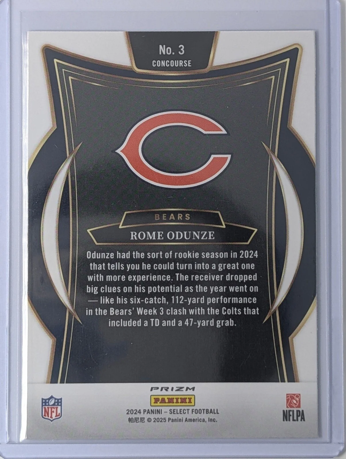Back of 2024 Panini Select #3 Rome Odunze Black & Red Prizm Shock Rookie
