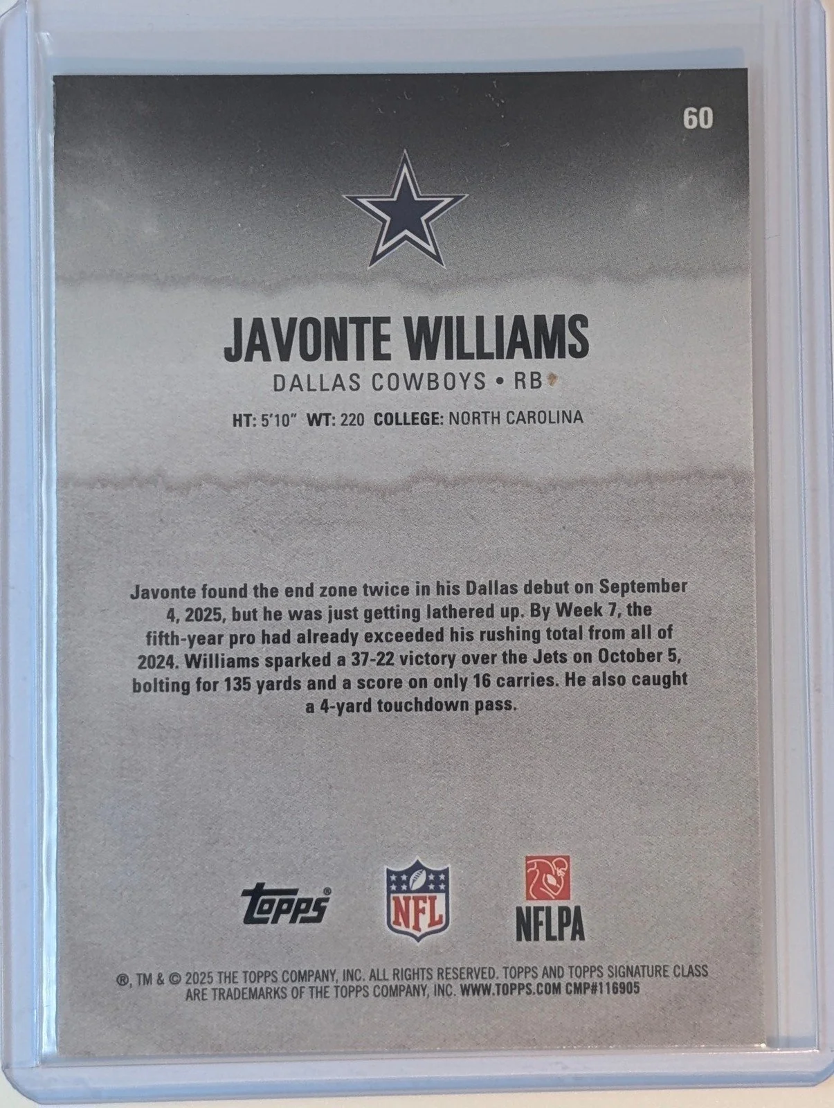 Back of 2025 Topps Signature Class #60 Javonte Williams Chrome