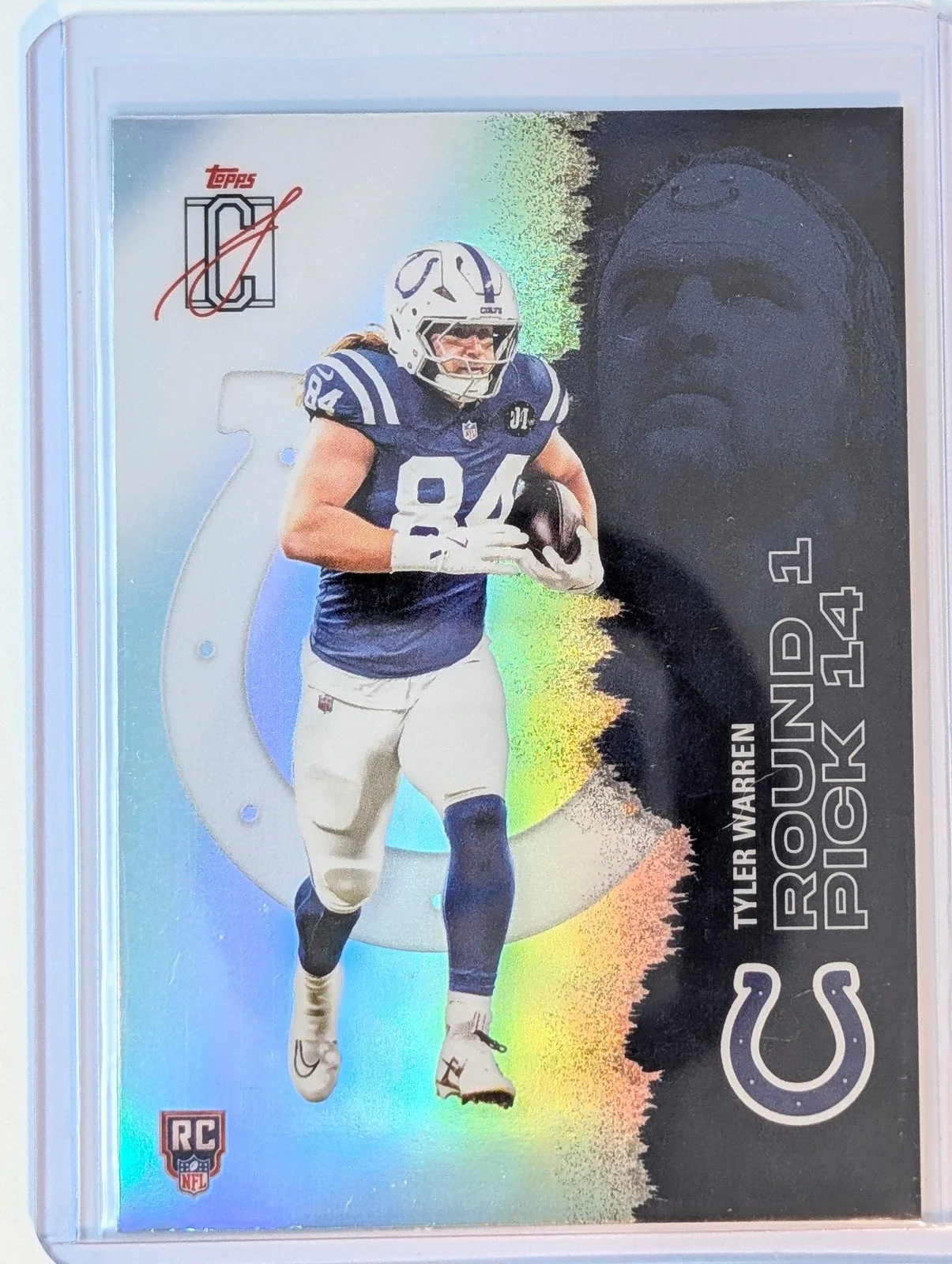 Front of 2025 Topps Signature Class #110 Tyler Warren Chrome Refractor Rookie