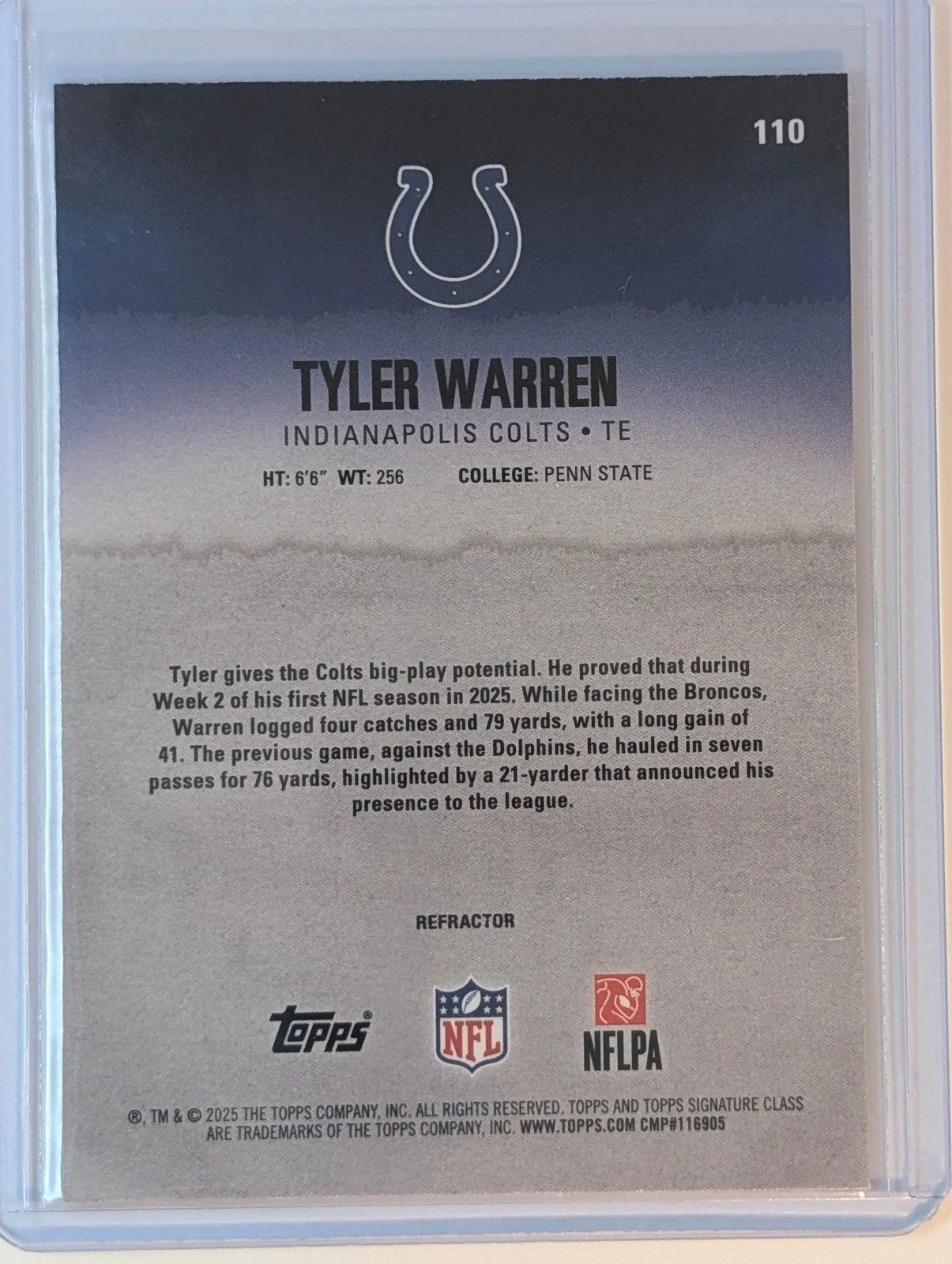 Back of 2025 Topps Signature Class #110 Tyler Warren Chrome Refractor Rookie