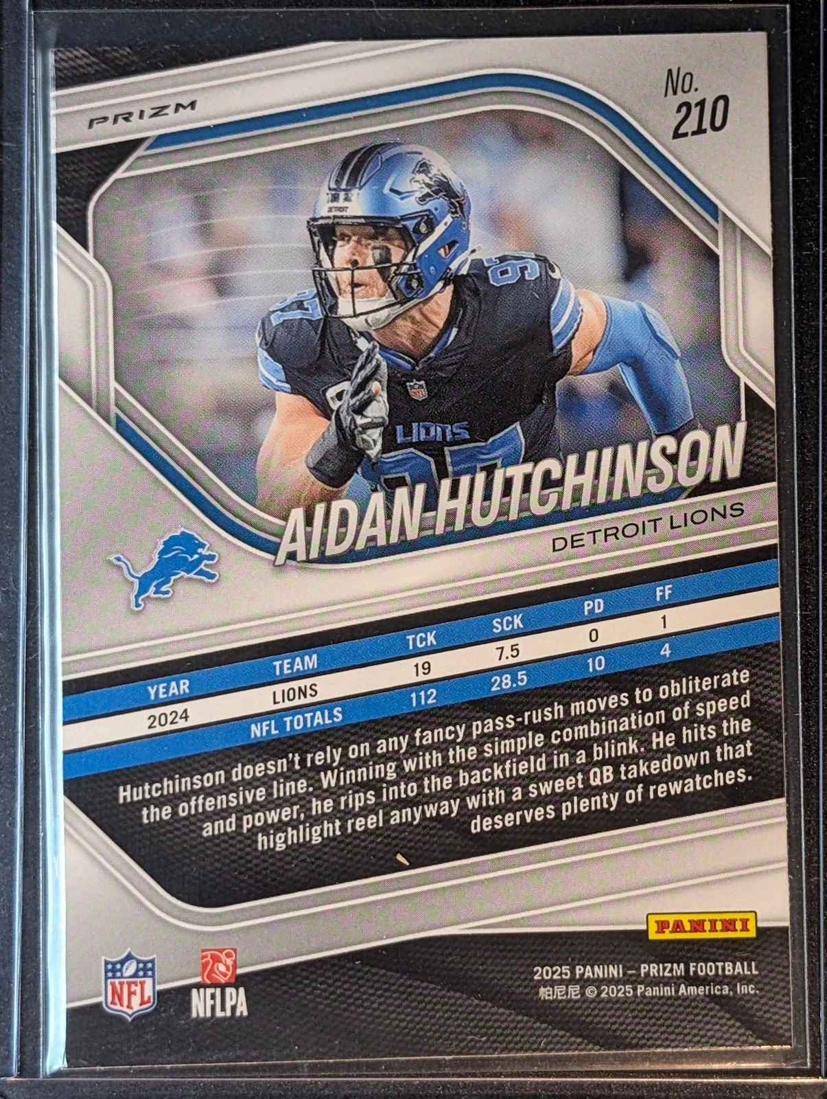 Back of 2025 Panini Prizm #210 Aidan Hutchinson Neon Green Pulsar