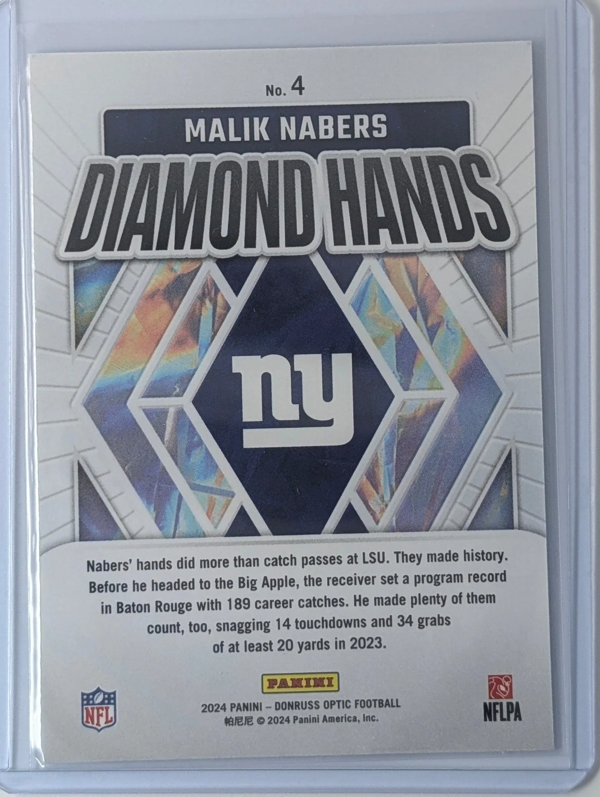 Back of 2024 Donruss Optic #4 Malik Nabers Diamond Hands
