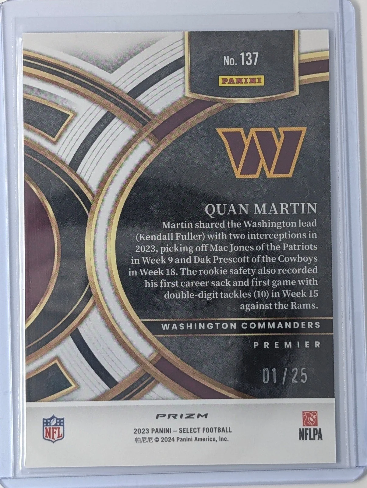 Back of 2023 Panini Select 1/25 #137 Quan Martin Blue Disco Prizm 25 Rookie