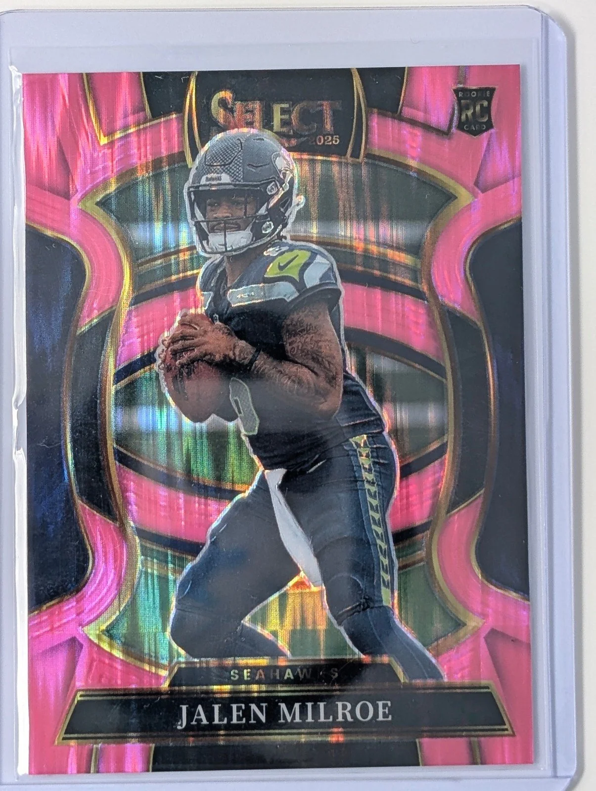 Front of 2025 Panini Select #14 Jalen Milroe Pink Prizm Shock