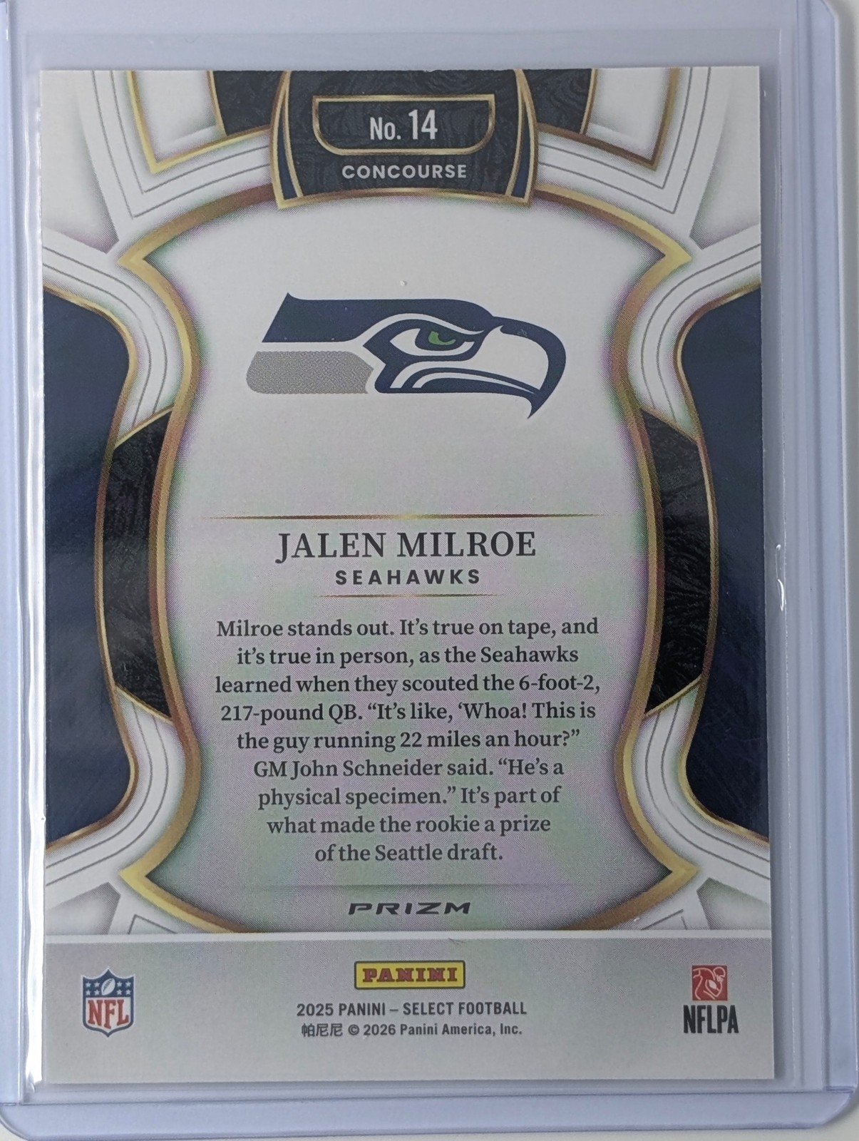 Back of 2025 Panini Select #14 Jalen Milroe Pink Prizm Shock