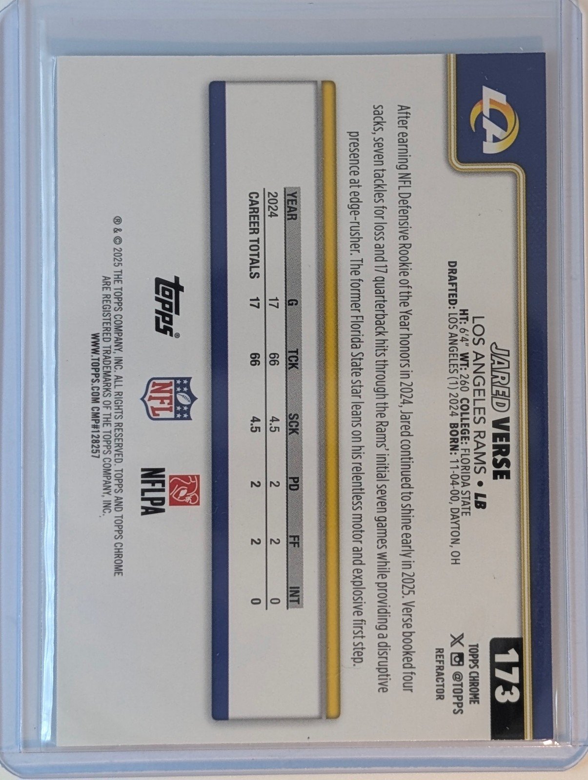 Back of 2025 Topps Chrome #173 Jared Verse Refractor