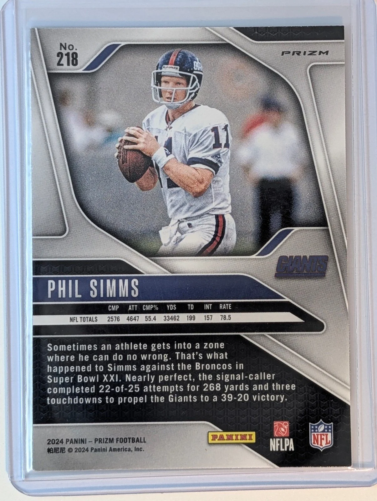 Back of 2024 Panini Prizm #218 Phil Simms Green Wave