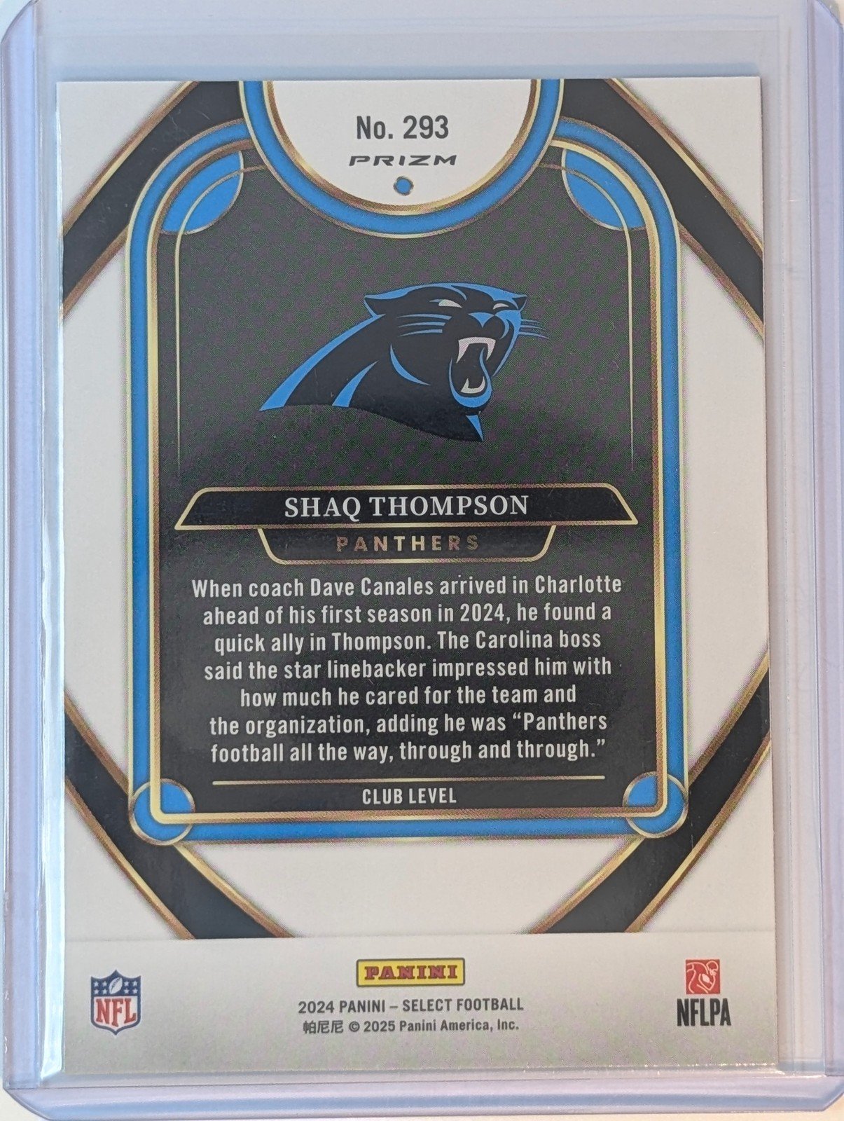 Back of 2024 Panini Select #293 Shaq Thompson Red & Blue Prizm Shock
