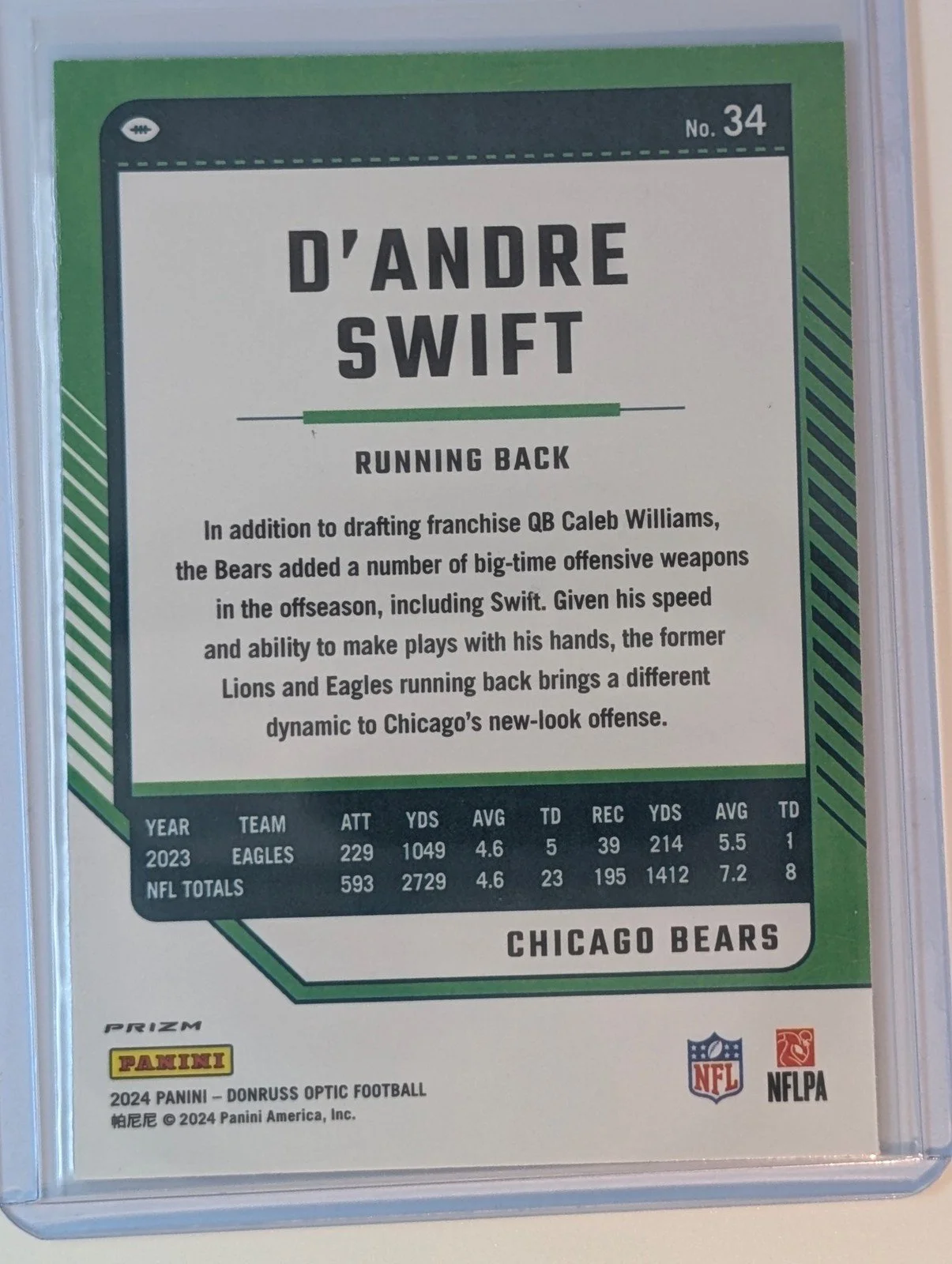 Back of 2024 Donruss Optic #34 D'Andre Swift stars
