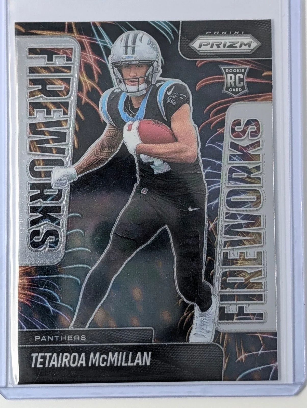 Front of 2025 Panini Prizm #21 Tetairoa McMillan Fireworks Rookie