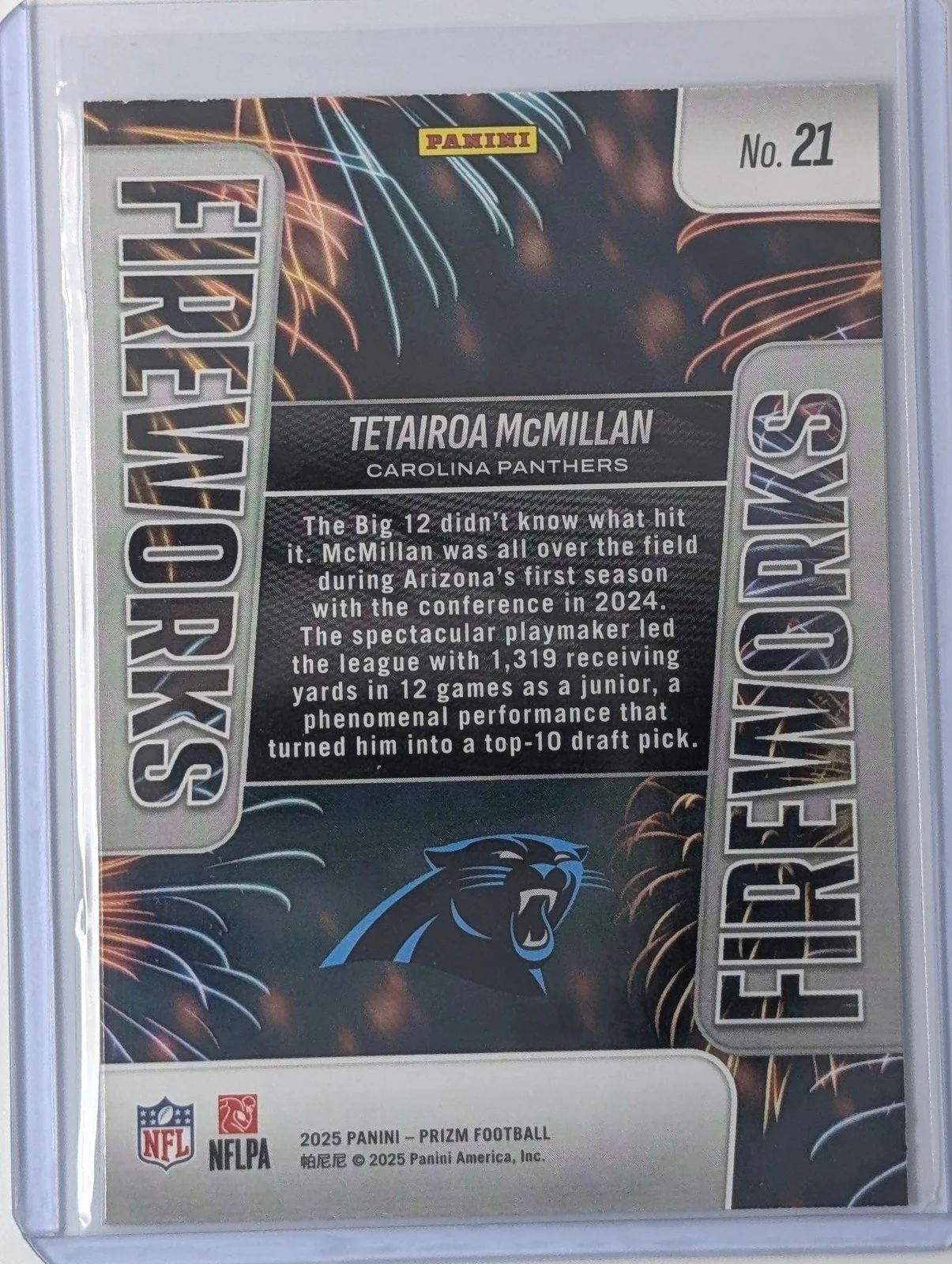 Back of 2025 Panini Prizm #21 Tetairoa McMillan Fireworks Rookie