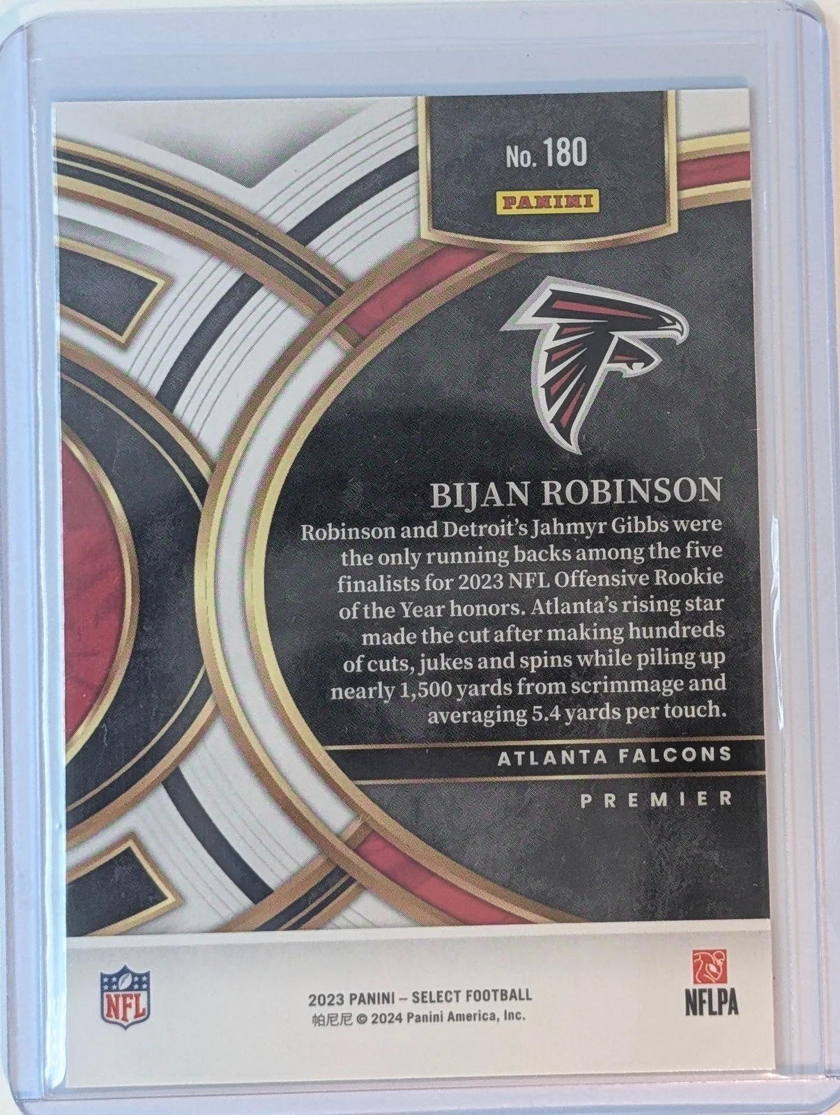Back of 2023 Panini Select #180 Bijan Robinson Rookie