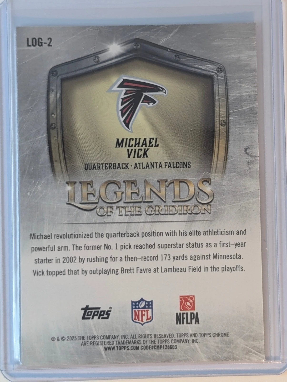 Back of 2025 Topps Chrome #LOG-2 Michael Vick Legends of the Gridiron Refractor