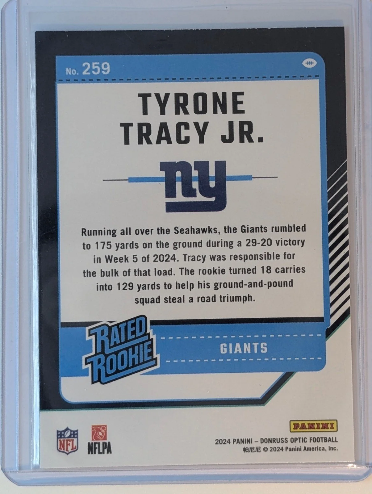 Back of 2024 Donruss Optic #259 Tyrone Tracy Jr.